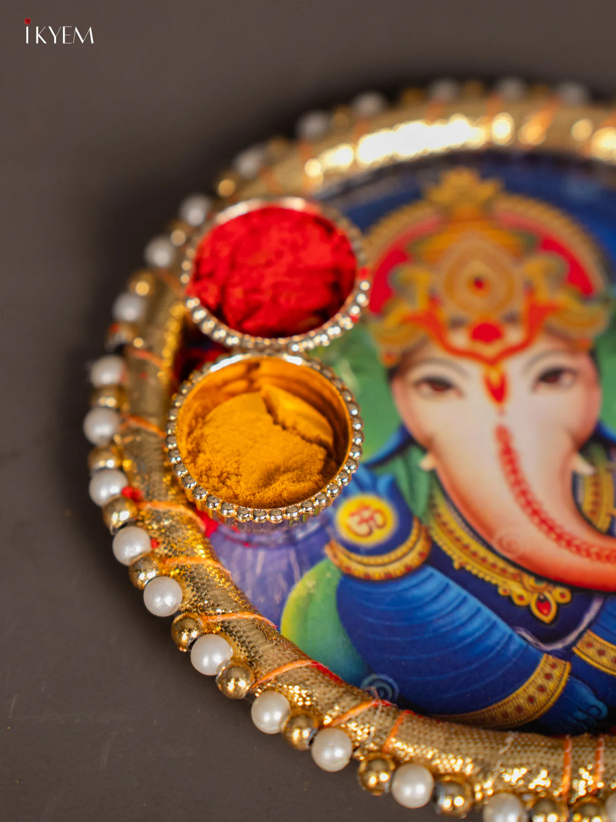 Ganesha Printed Blue Pooja Plate with Haldi Kumkum Holder – 4.5 Inch - KK17115 - Image 2