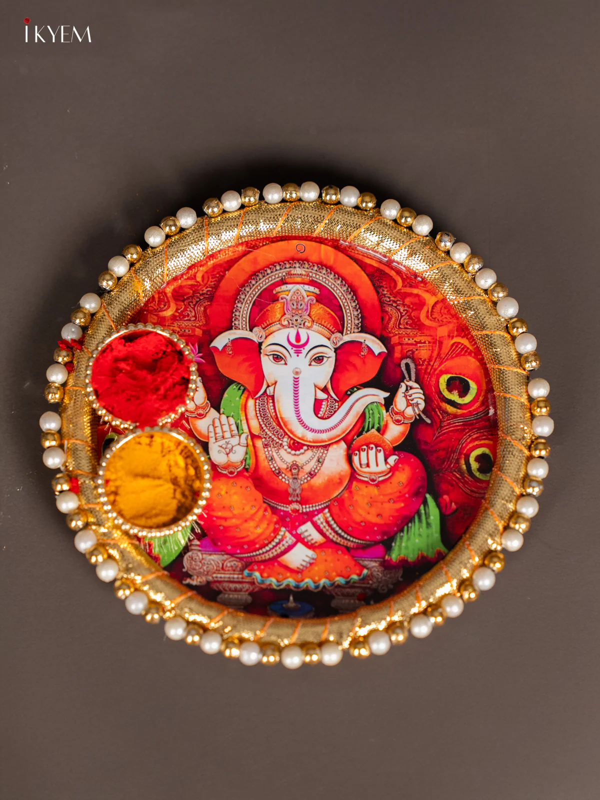 Ganesha Printed Red Pooja Plate with Haldi Kumkum Holder – 4.5 Inch - KK17117