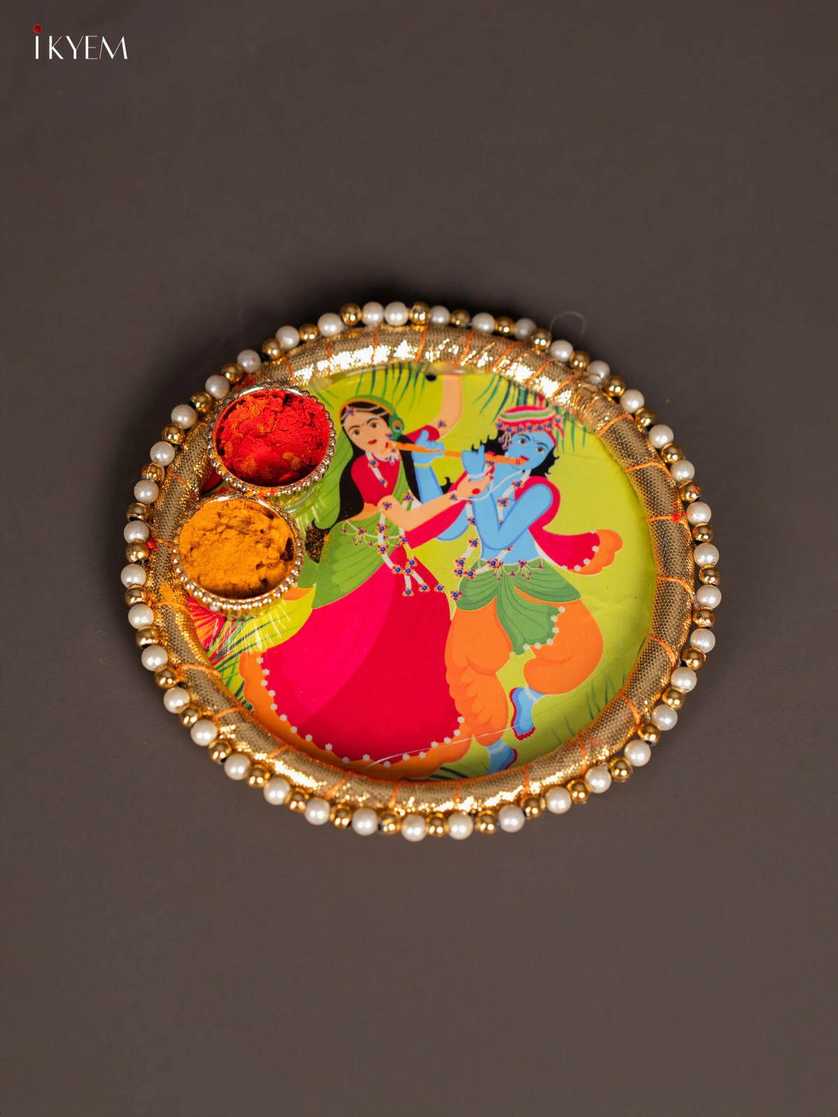 Radha Krishna Printed Orange Plate with Haldi-Kumkum Holder – 4.5 Inch - KK17119