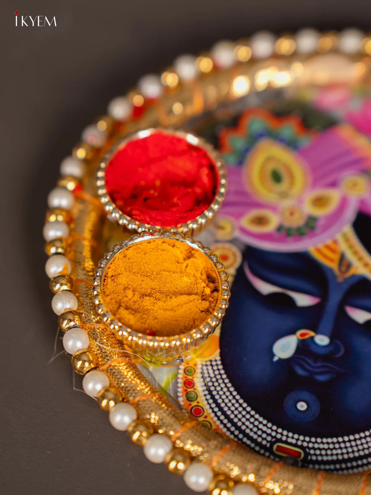 Srinath Ji Printed Teal Pooja Plate with Haldi-Kumkum Holder – 4.5 Inch - KK17122 - Image 2