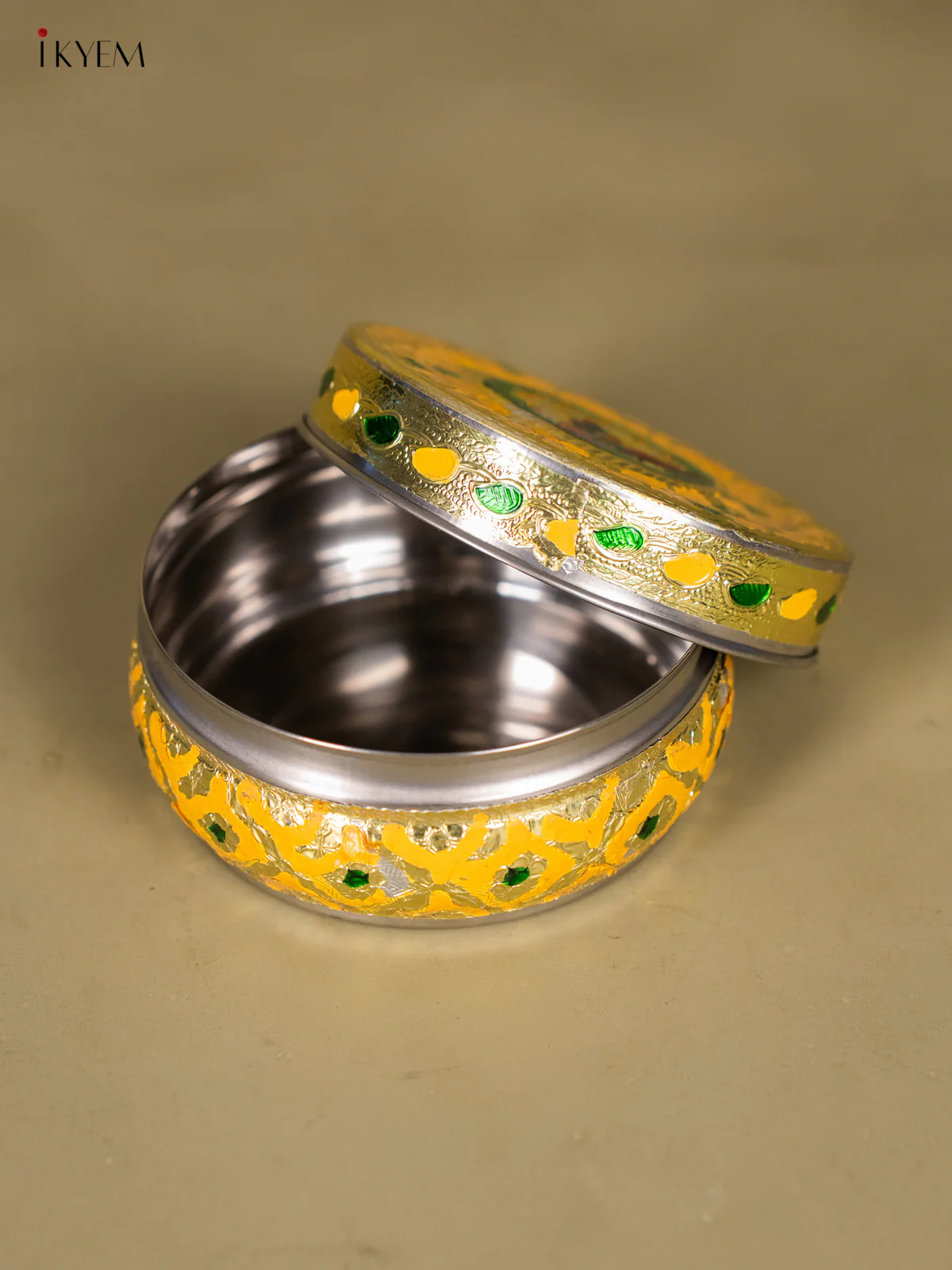 Yellow Meenakari Storage Box with Peacock Design - 4 Inches - KK19111 - Image 3