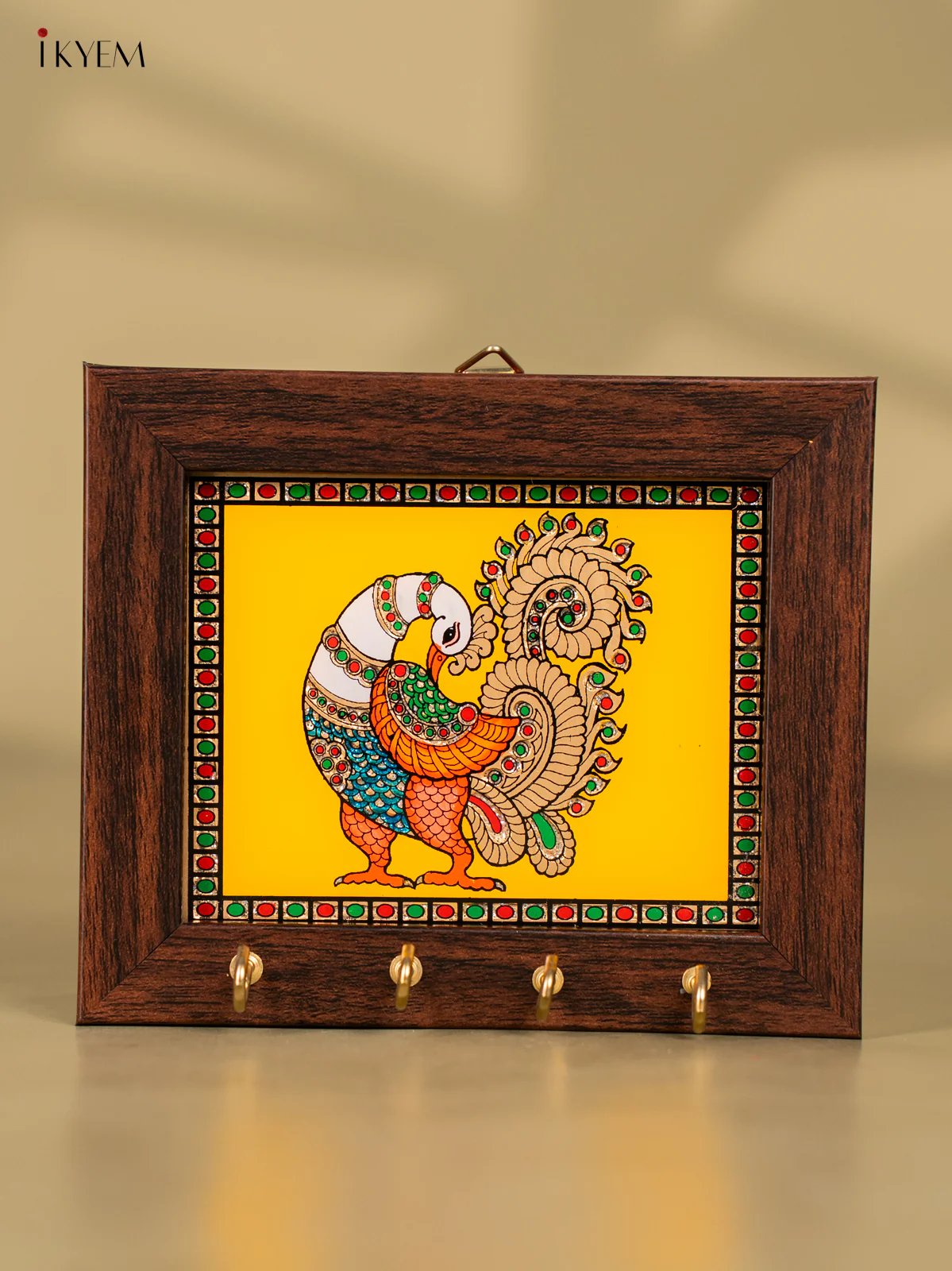 Peacock Reverse Glass Painted Keyhanger - Yellow - (5x6) Inch - KK22111