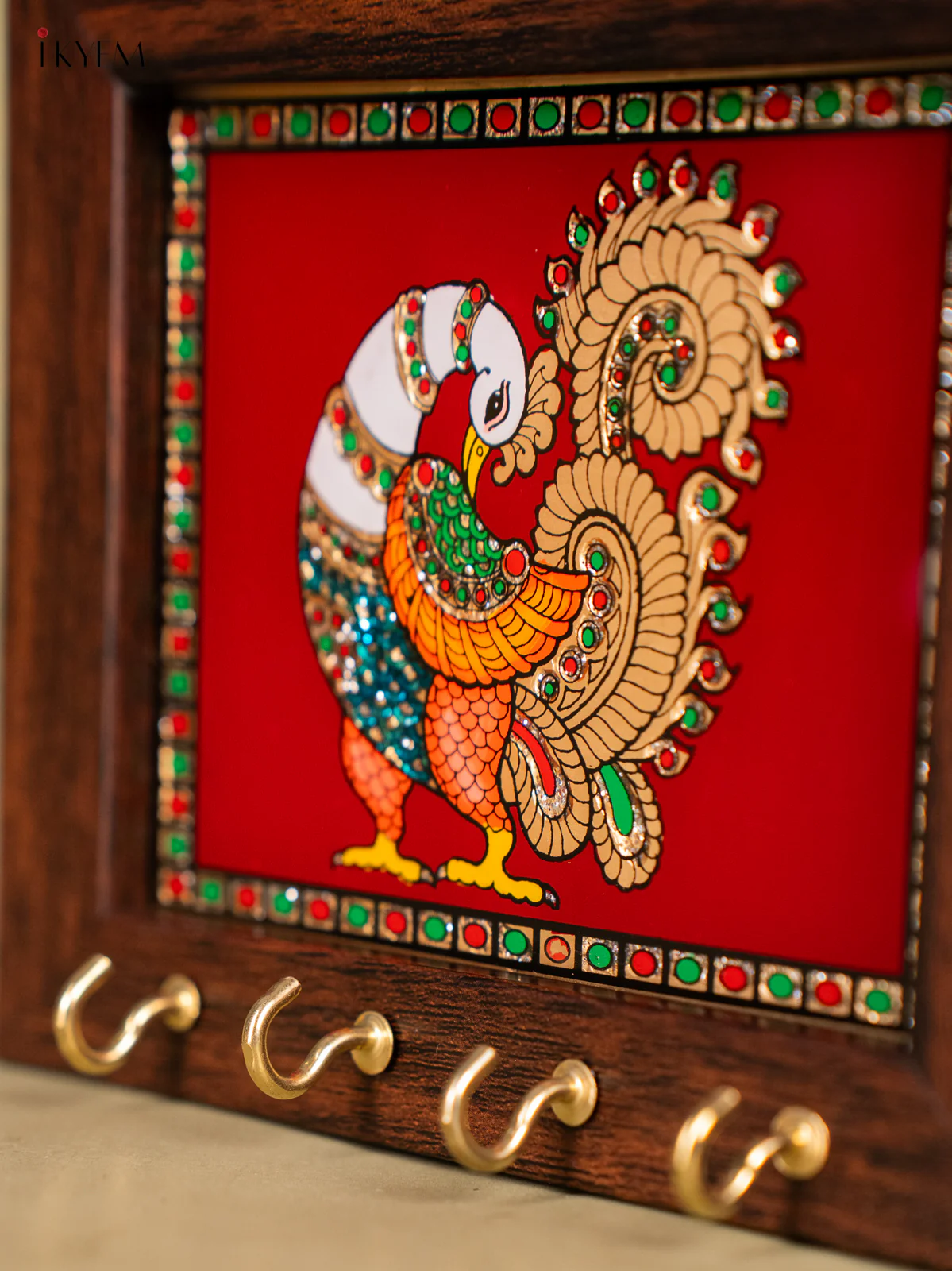 Peacock Reverse Glass Painted Keyhanger - Maroon - (5x6) Inch - KK22112 - Image 3