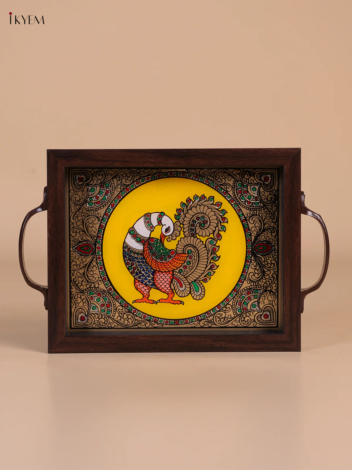 Reverse Glass Painted Tray (9x7) - Peacock - Yellow - KK22115 - Image 2