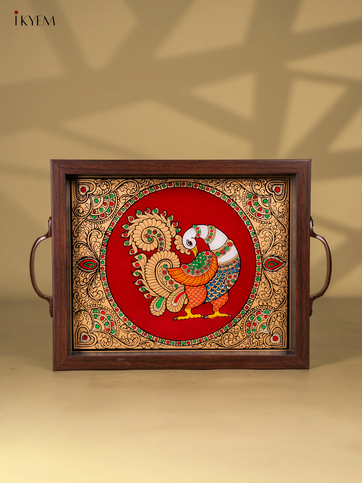 Reverse Glass Painted Tray (11x9) - Peacock - Maroon - KK22118