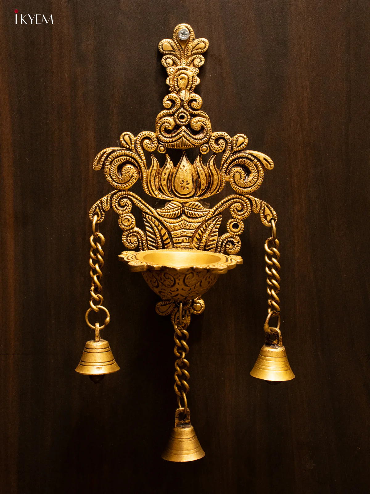 Brass Lotus Wall Hanging Diya with Bells - 12.3 Inch - KK26186