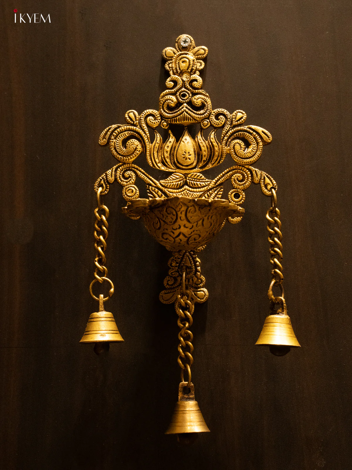 Brass Lotus Wall Hanging Diya with Bells - 12.3 Inch - KK26186 - Image 6