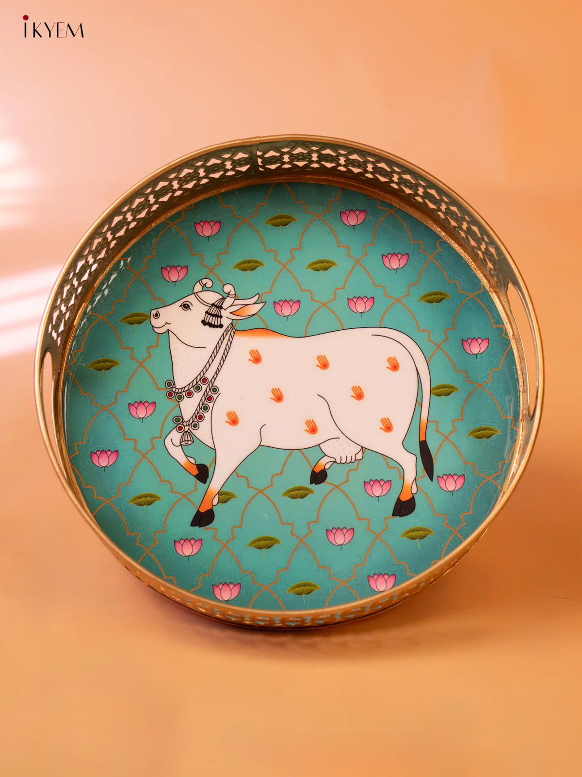 Digital Printed Pichwai Thambulam Tray 9 (10×10)- Teal Green - KK26236