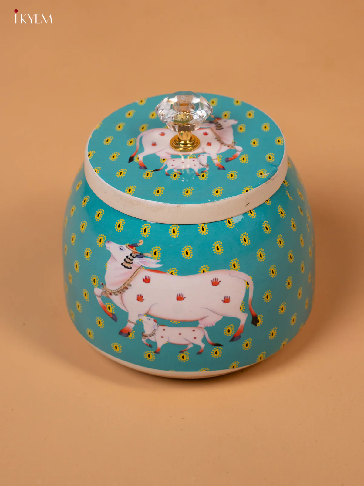 Metal Pichwai Printed Nut Box - Teal Green - KK26240 - Image 3