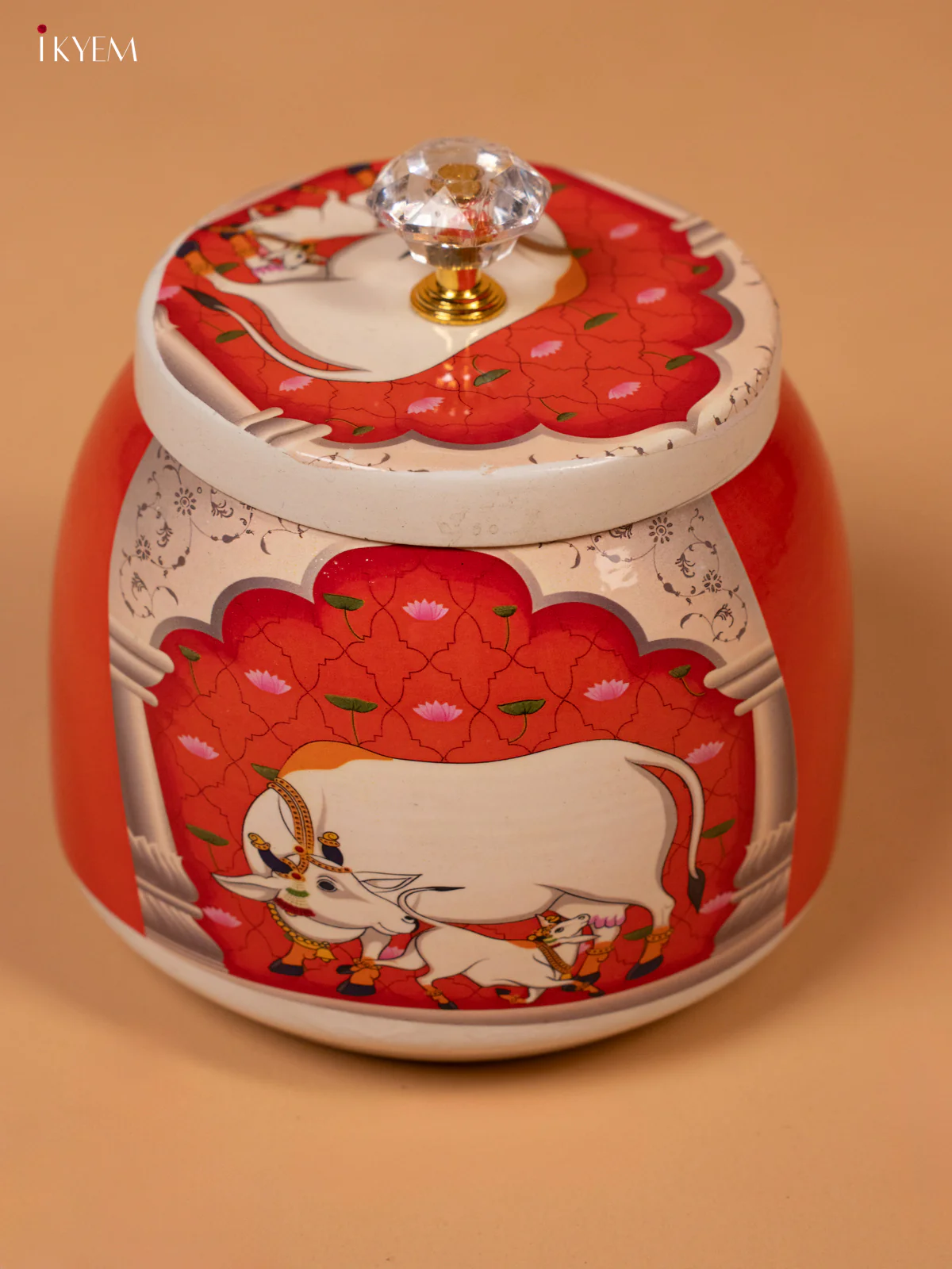 Metal Pichwai Printed Nut Box - Orange - KK26242 - Image 3