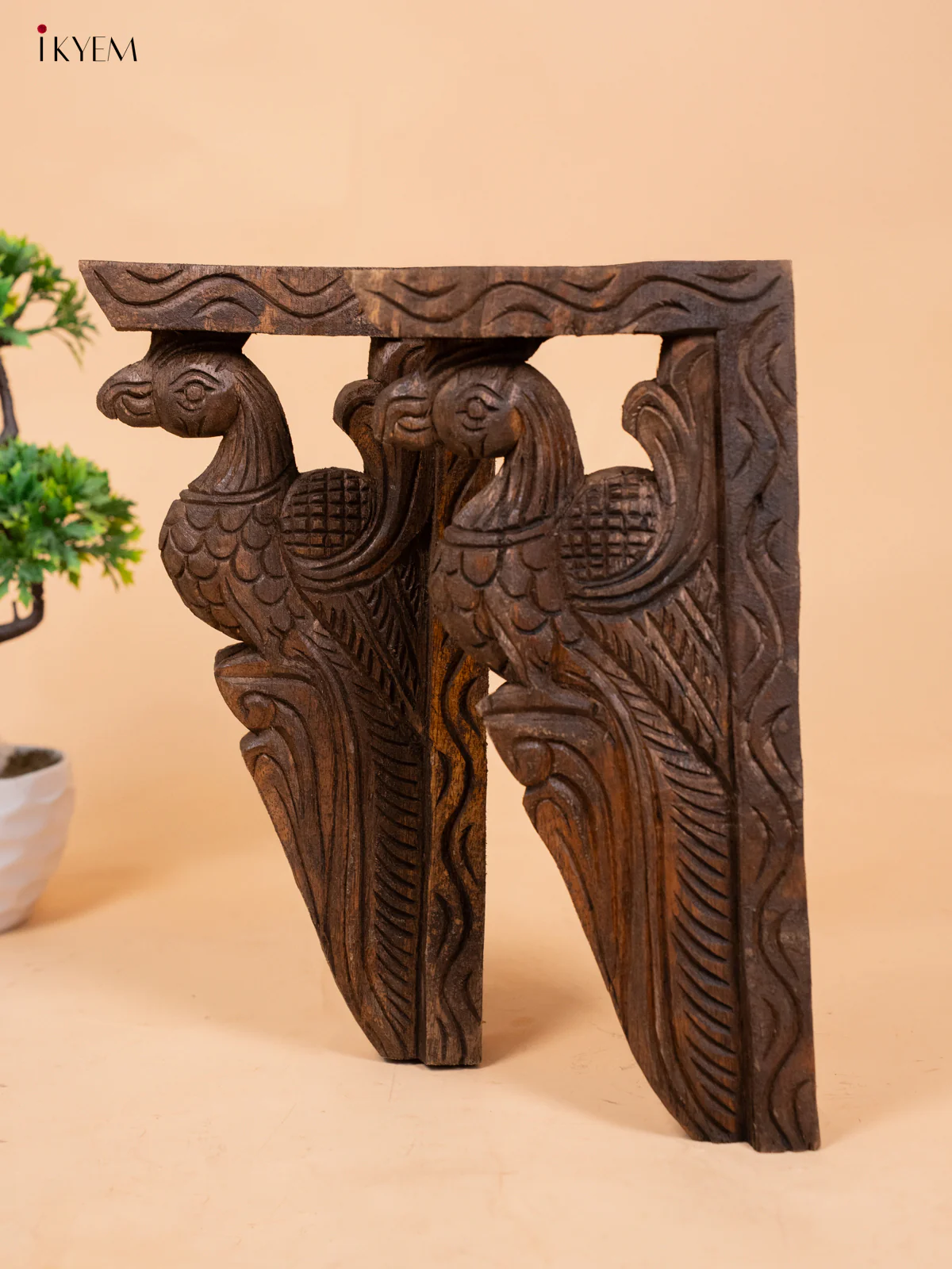 Hand Carved Wooden Yazhi Bracket - Peacock (6x3x12) - KL10114 - Image 2