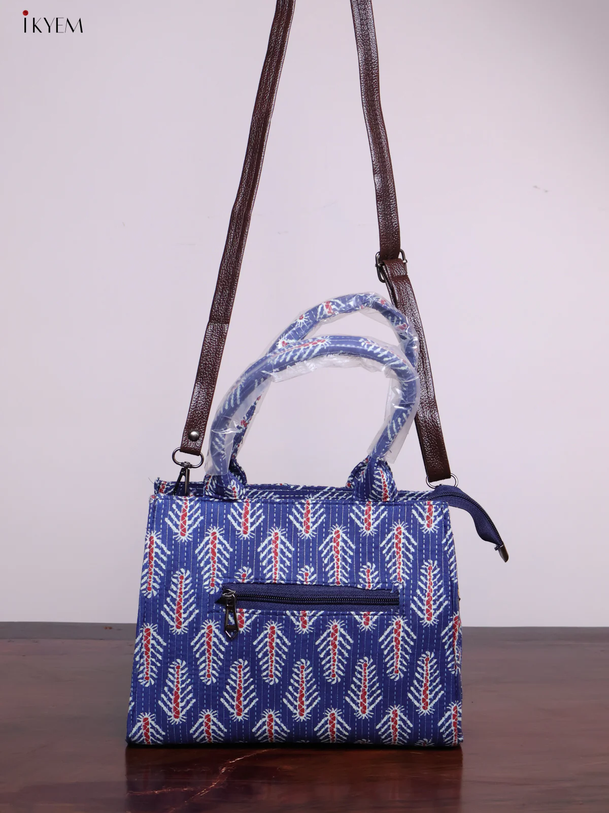 Printed Handbag with Sling - Indigo & White - KL20128 - Image 3
