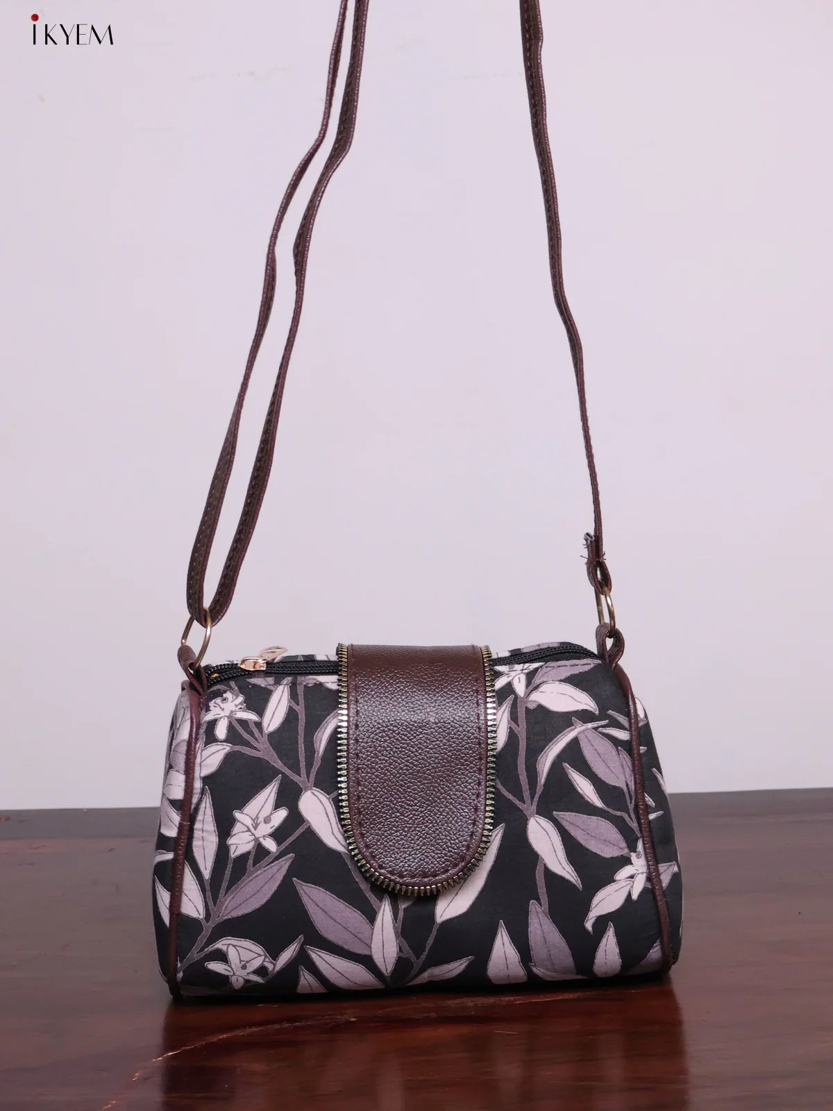 Printed Sling bag with Leather Flap - Black - KL20131 - Image 3