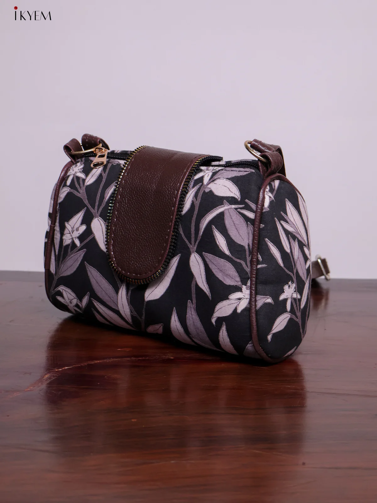 Printed Sling bag with Leather Flap - Black - KL20131 - Image 5