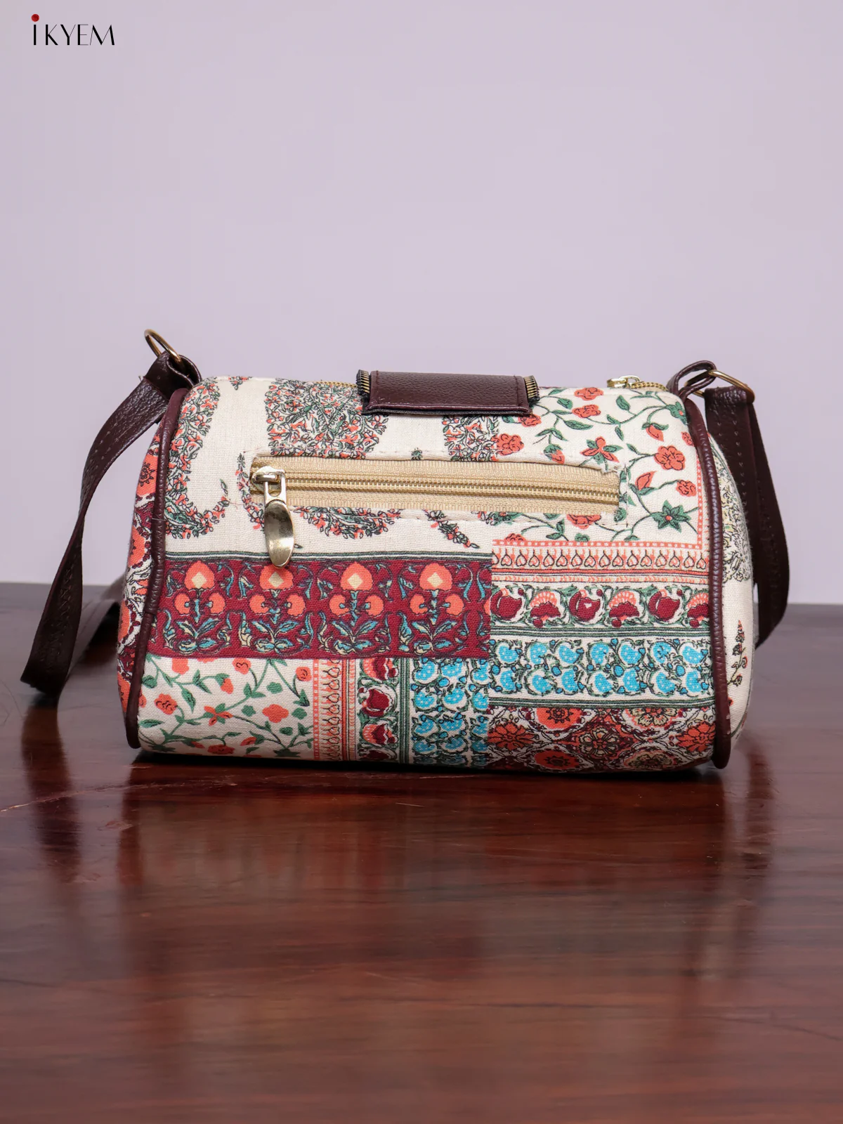 Printed Sling bag with Leather Flap - Cream - KL20134 - Image 4