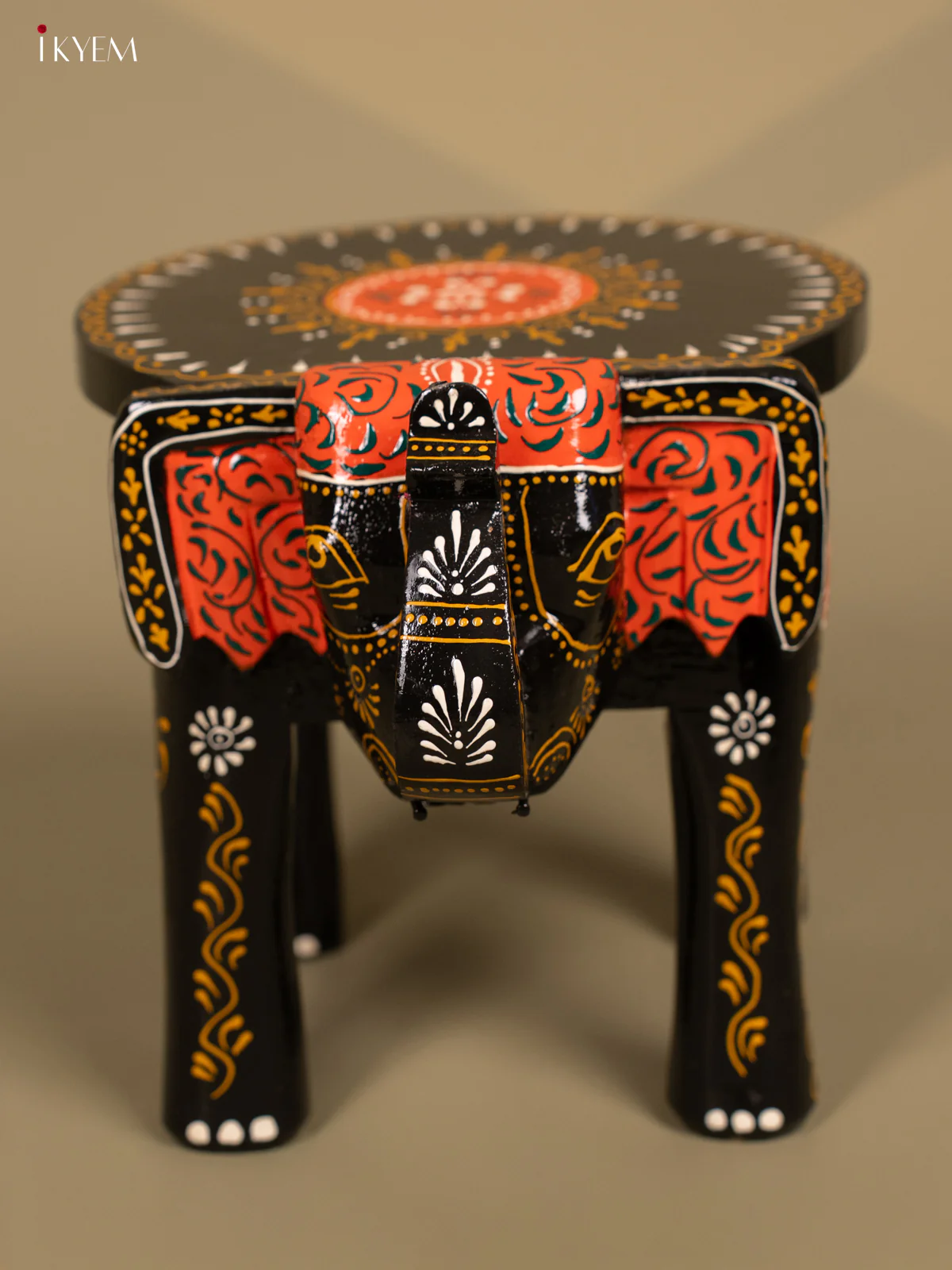 Hand Painted Wooden Elephant Stool - Red - 8 inch - KL30113