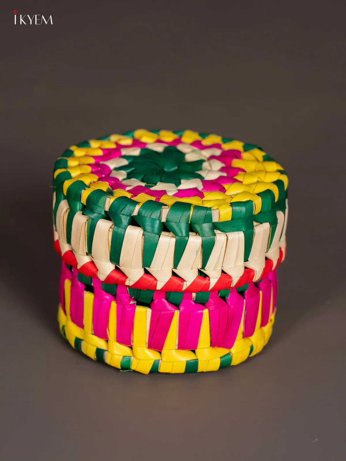 Traditional Hand Woven Multi coloured Round Storage Box - KM11118