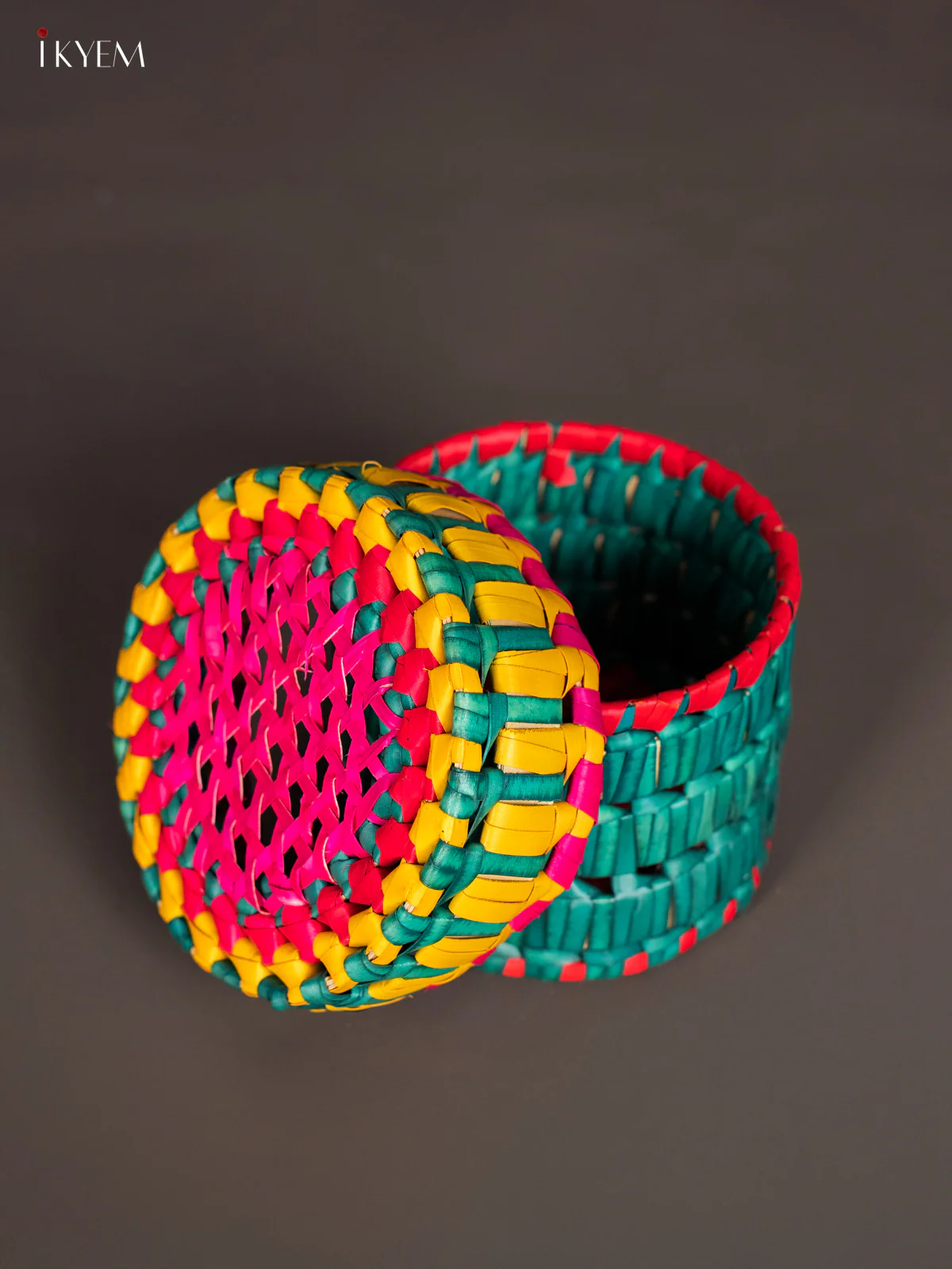 Traditional Hand Woven Multi coloured Round Storage Box - KM11119 - Image 3