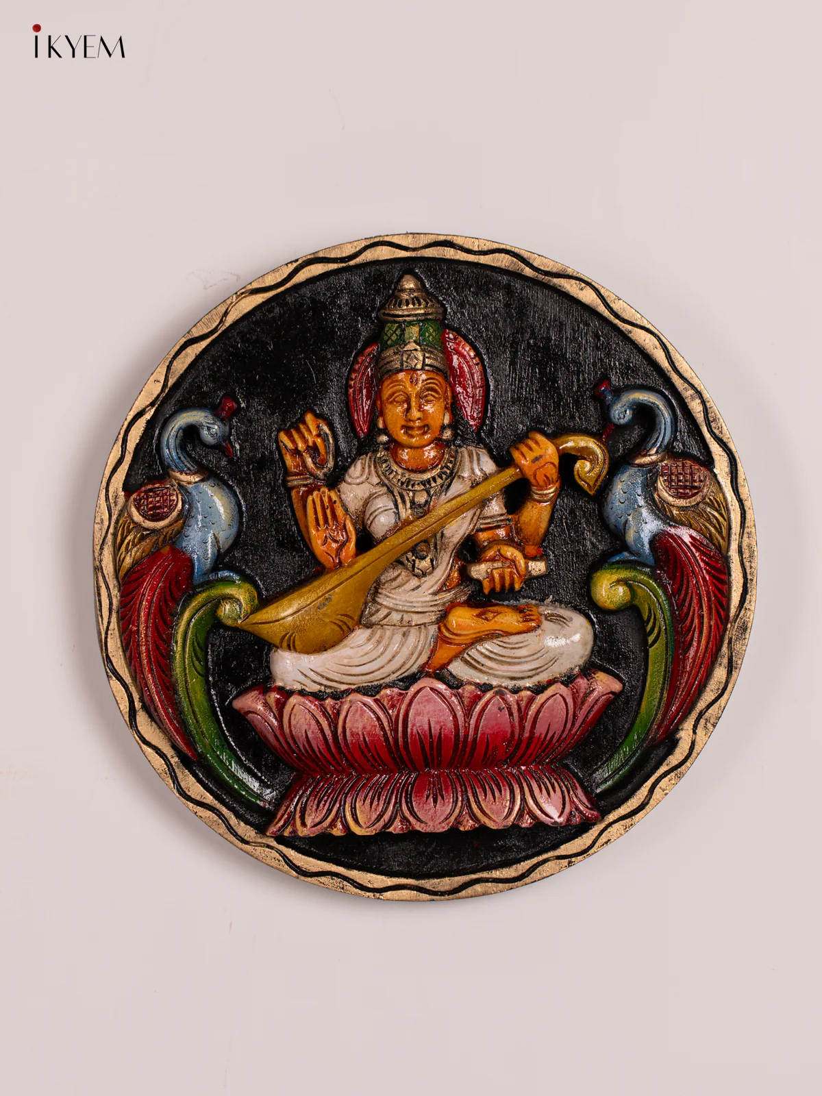 Hand-Painted Wooden Saraswathi Wall Hanging - 12 Inch - KN01126