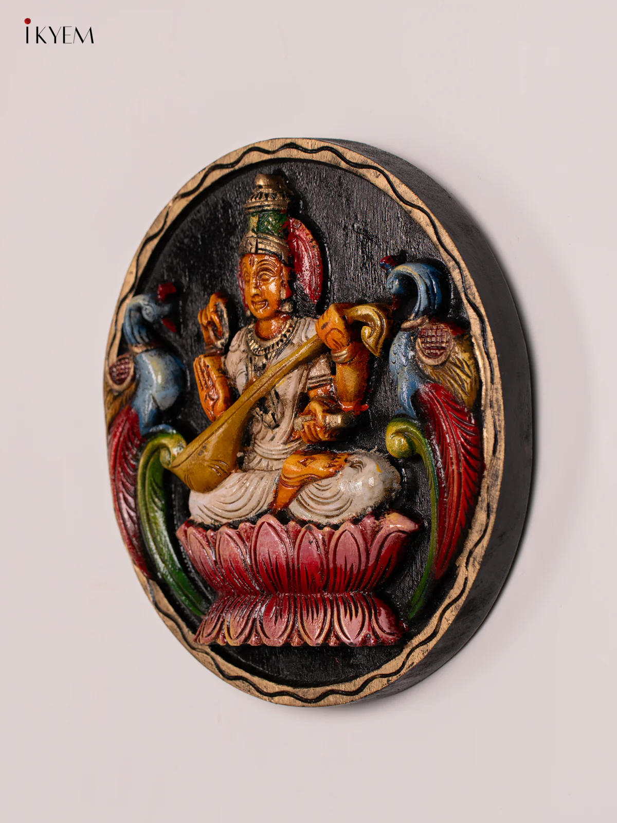 Hand-Painted Wooden Saraswathi Wall Hanging - 12 Inch - KN01126 - Image 2