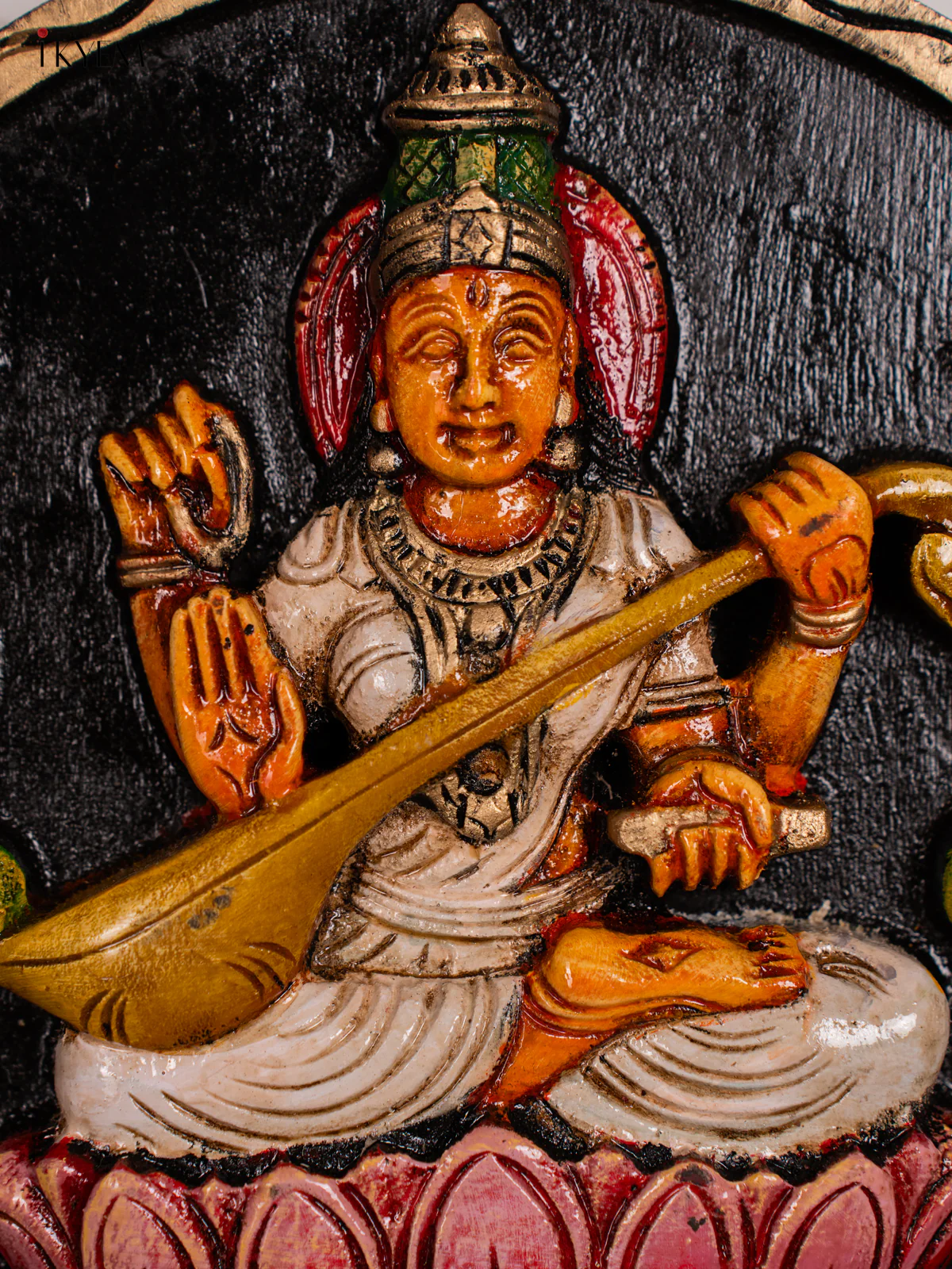 Hand-Painted Wooden Saraswathi Wall Hanging - 12 Inch - KN01126 - Image 3