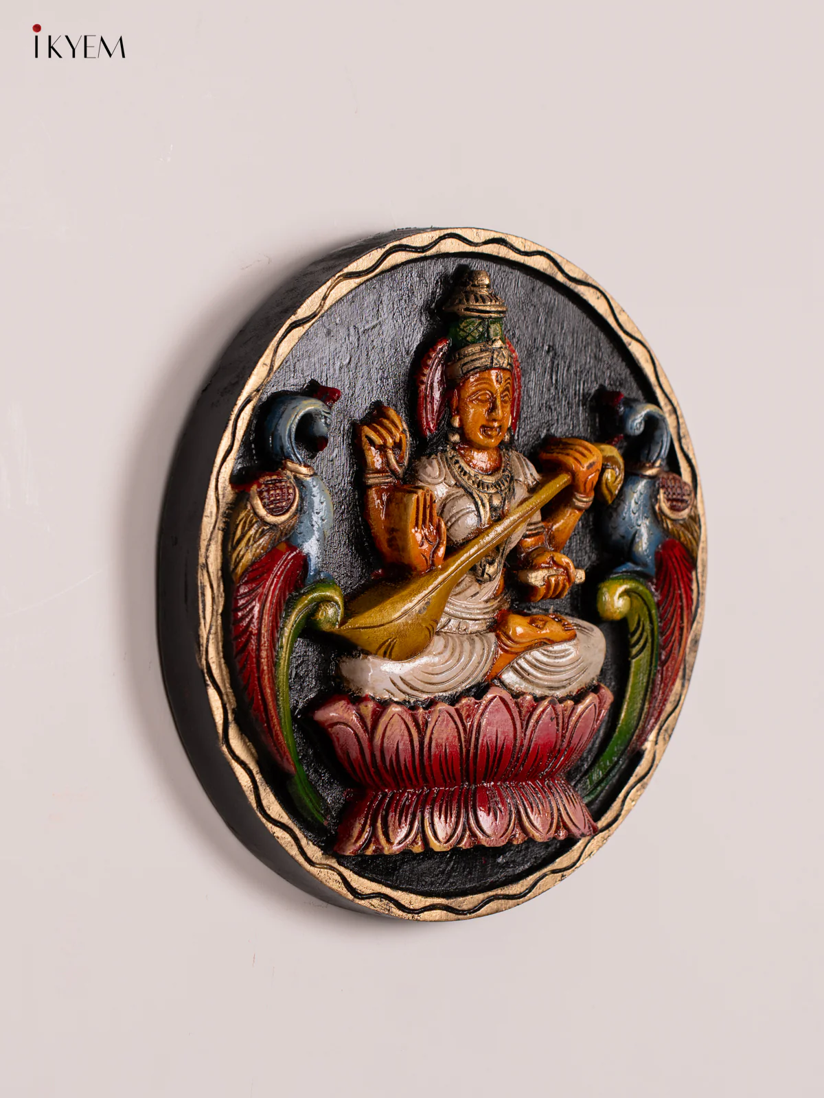Hand-Painted Wooden Saraswathi Wall Hanging - 12 Inch - KN01126 - Image 4