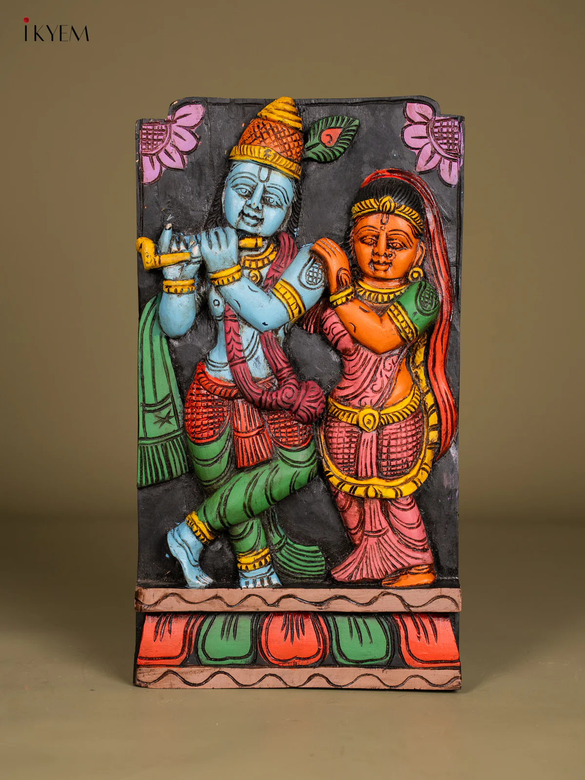 Hand-Painted Wooden Radha Krishna Wall Hanging - 18 Inch - KN01136