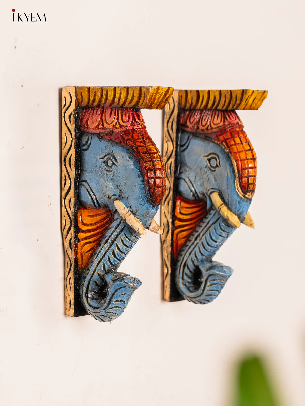 Hand-Painted Wooden Elephant Wall Bracket - 12 Inch - KN01185