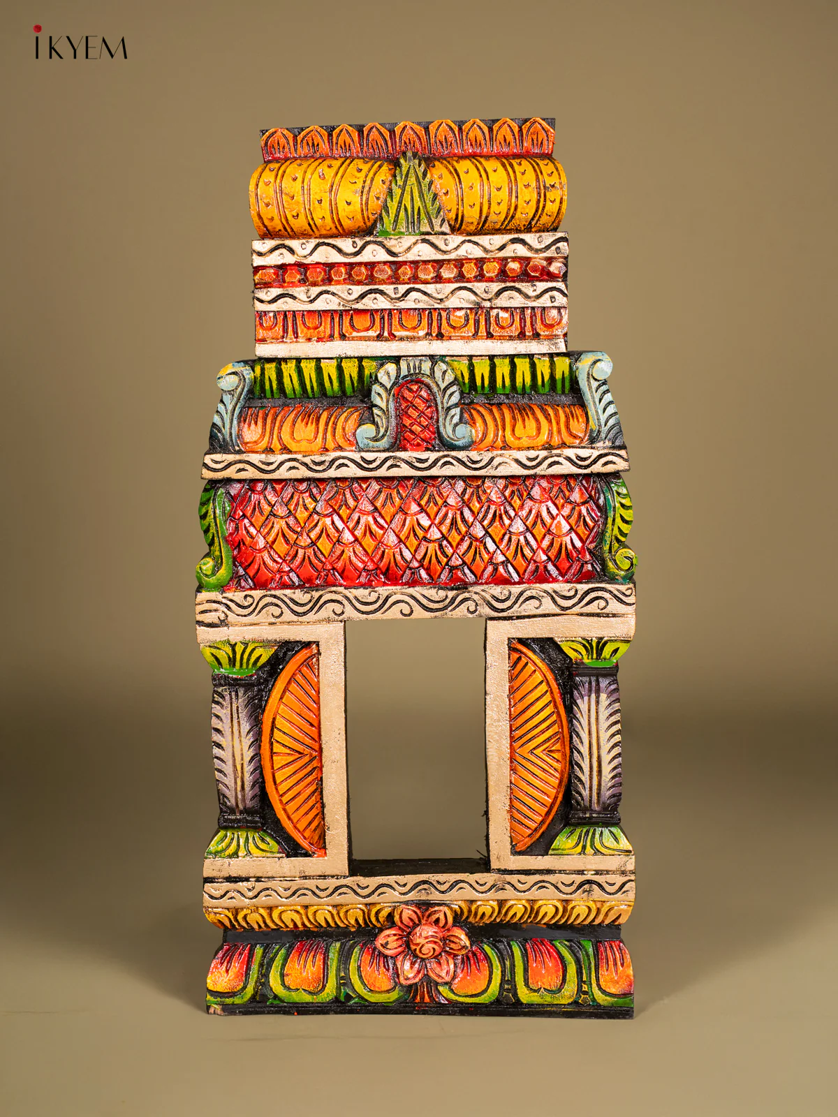 Hand-painted Wooden Carved Kovil Gopuram Panel - 24 Inch - KN01213