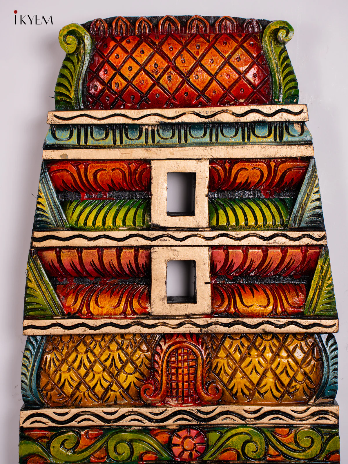 Hand-painted Wooden Carved Kovil Gopuram Panel - 29.5 Inch - KN01215 - Image 3