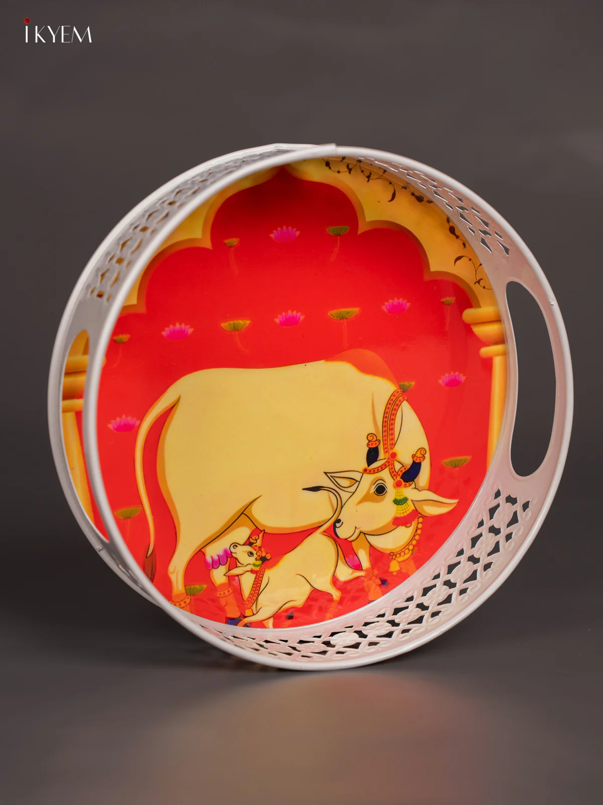Cow & Calf Digital Printed White Metal Tray - Orange - 8 Inch - KN02112 - Image 2