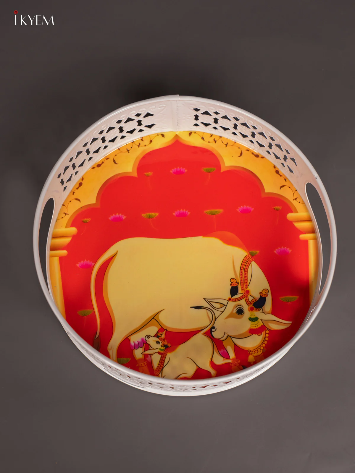 Cow & Calf Digital Printed White Metal Tray - Orange - 8 Inch - KN02112 - Image 3