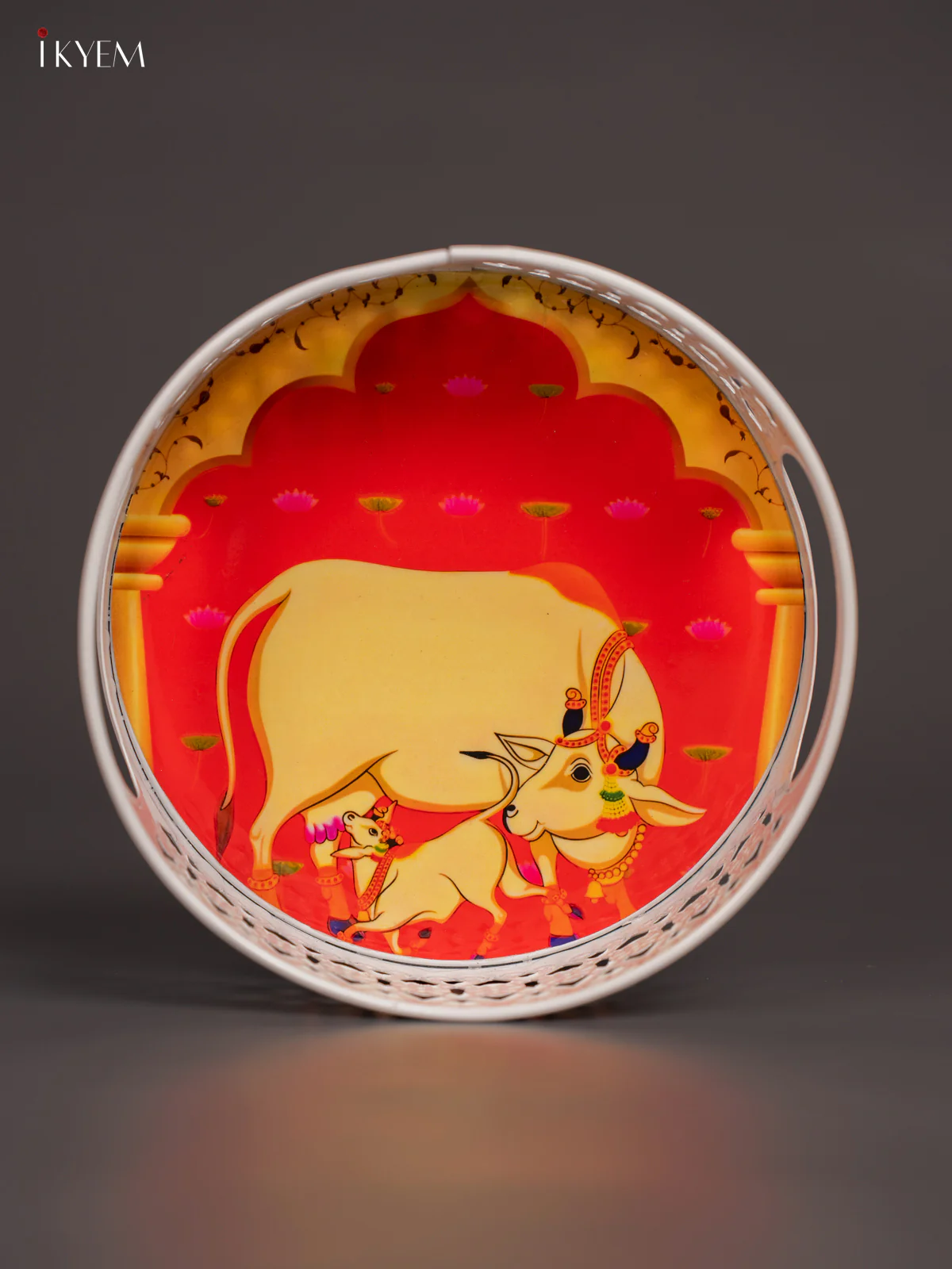 Cow & Calf Digital Printed White Metal Tray - Orange - 6 Inch - KN02115