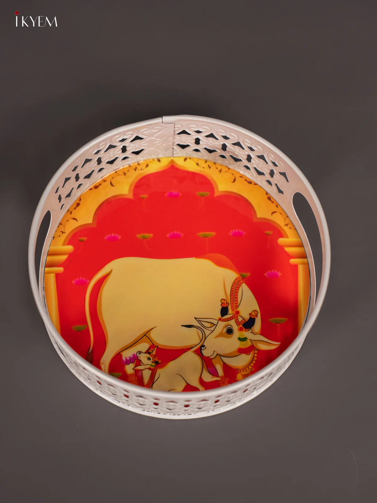 Cow & Calf Digital Printed White Metal Tray - Orange - 6 Inch - KN02115 - Image 3