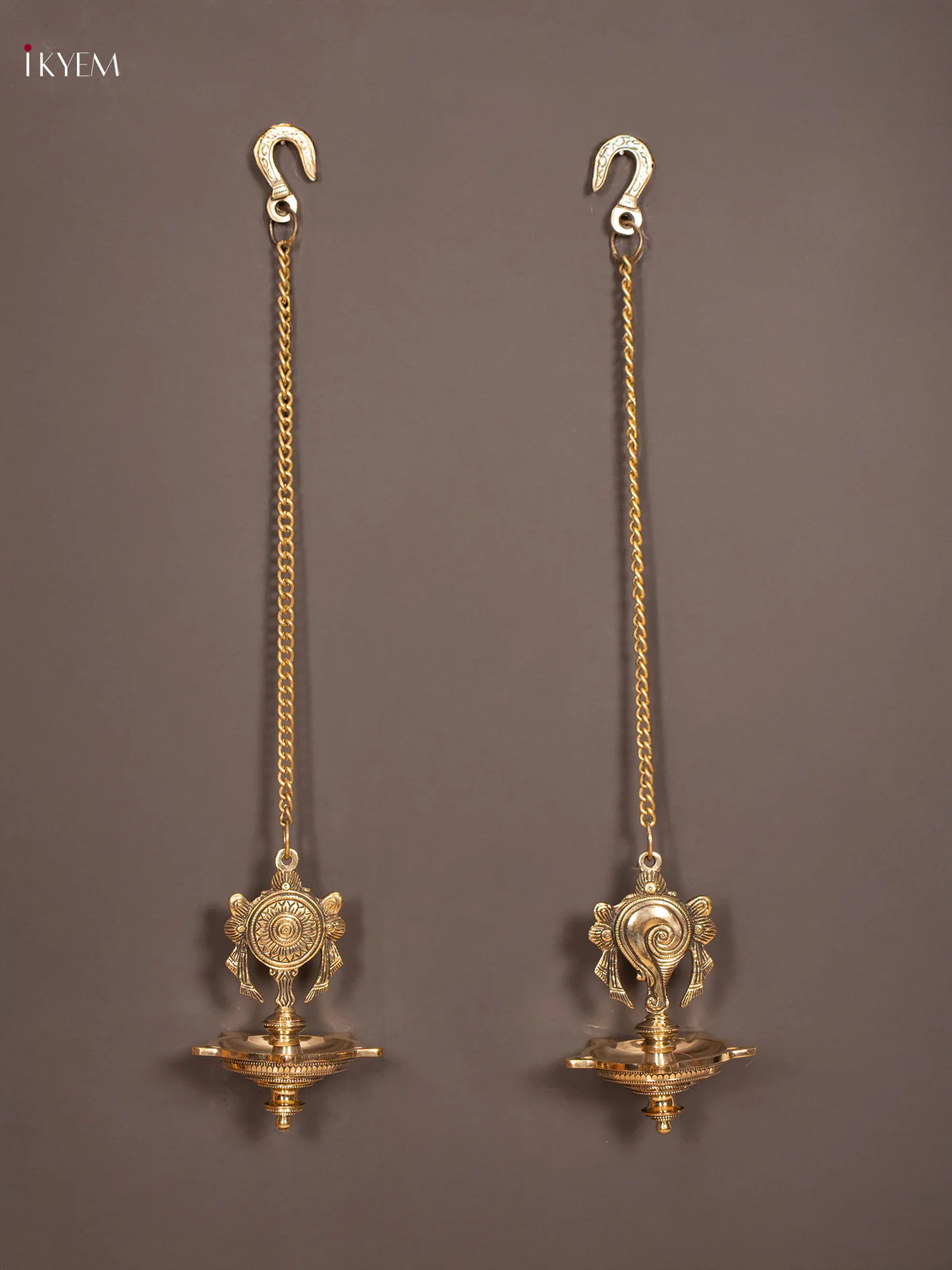 Brass 5-Face Sangu & Chakram Hanging Diya Set of 2 - 22 Inch - KN04135