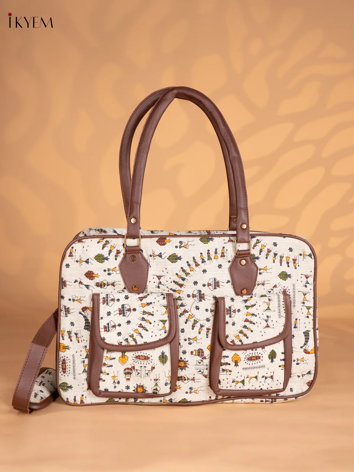 Warli Design Printed Shoulder Bag with Detachable Strap - Cream - KN05120