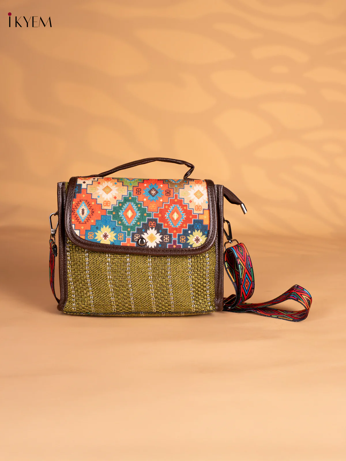 Moroccan Printed Flap Jacquard Sling Bag - Green - KN05124
