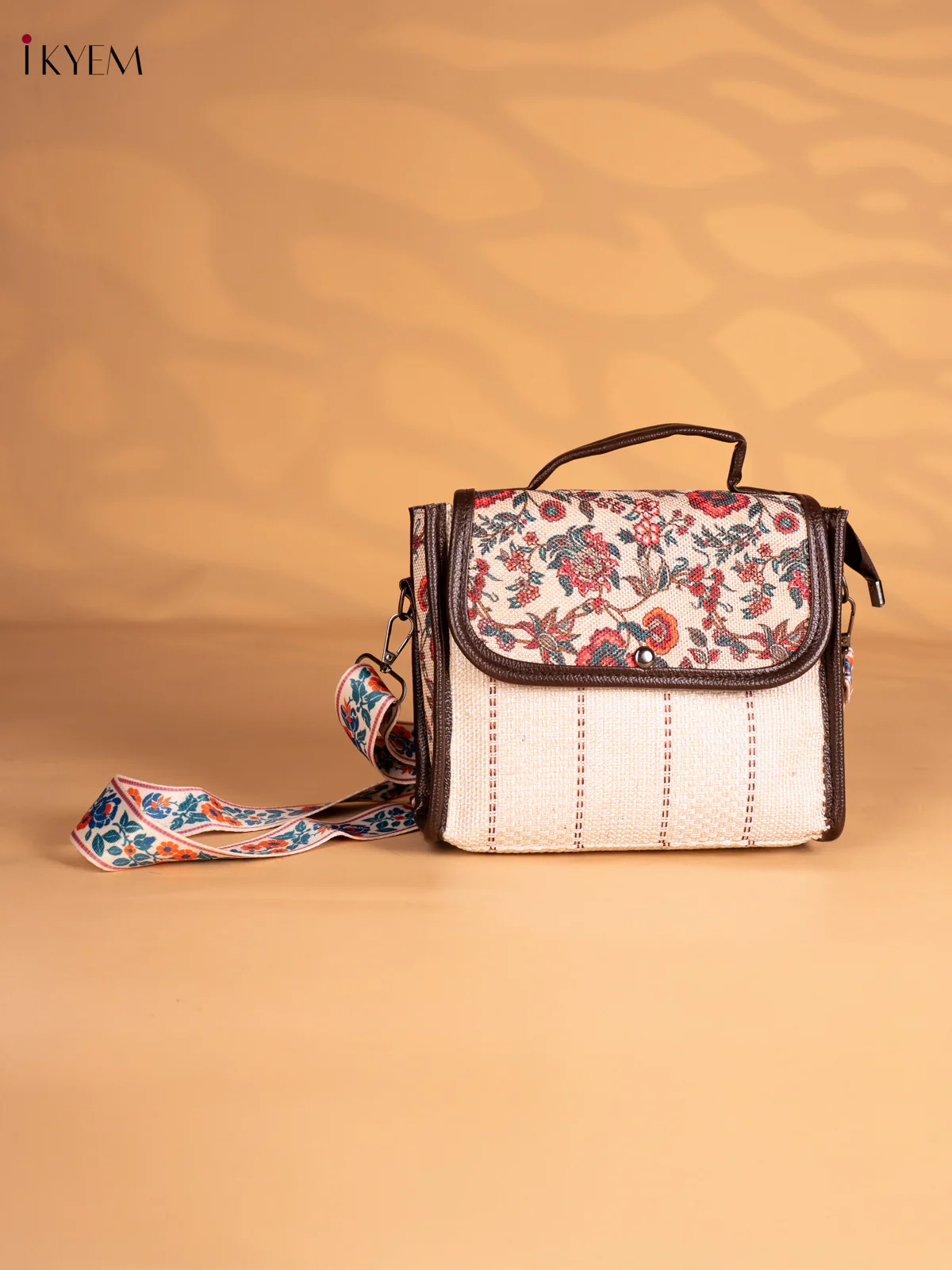 Floral Printed Flap Jacquard Sling Bag - Cream - KN05127