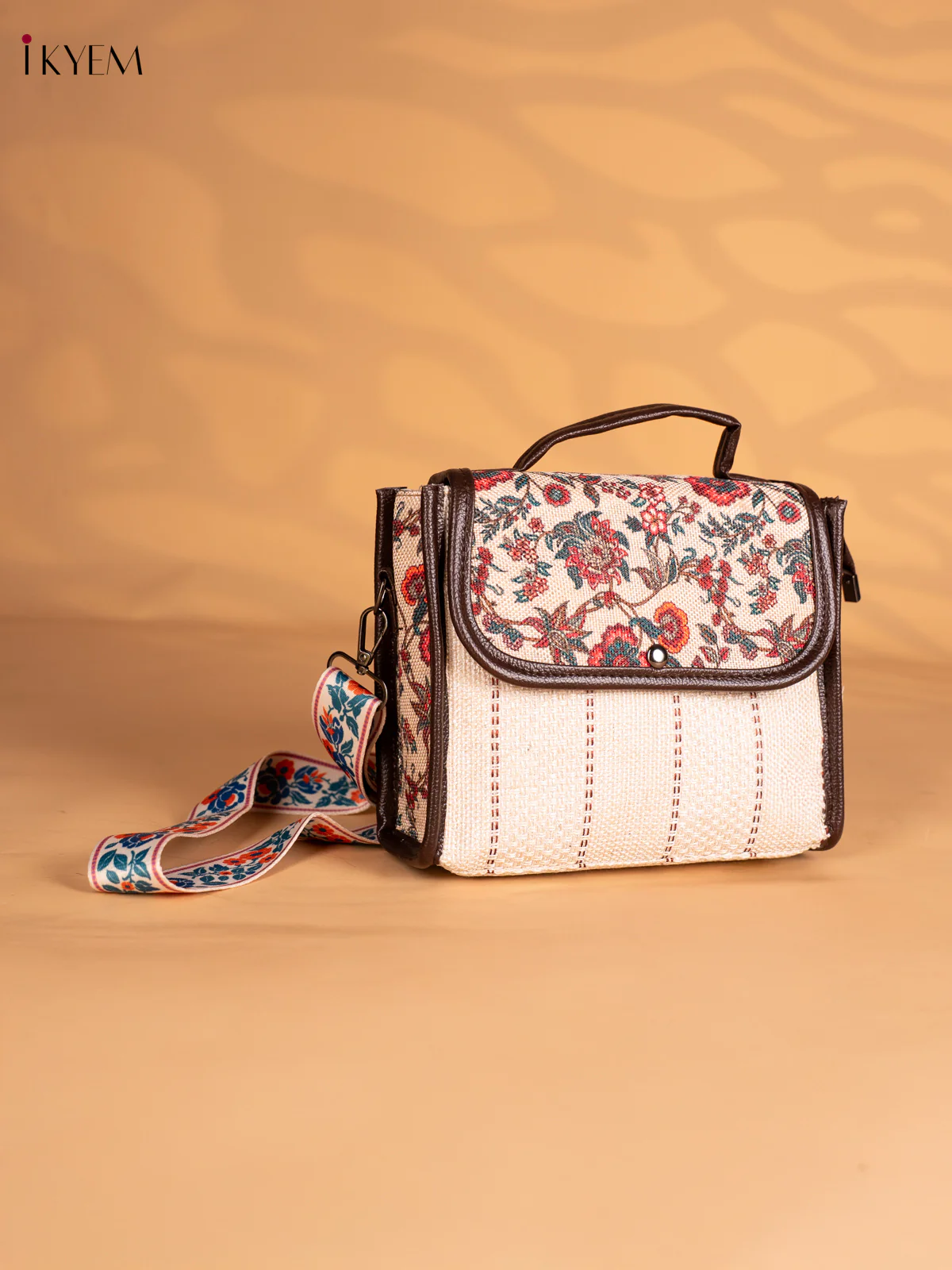 Floral Printed Flap Jacquard Sling Bag - Cream - KN05127 - Image 2