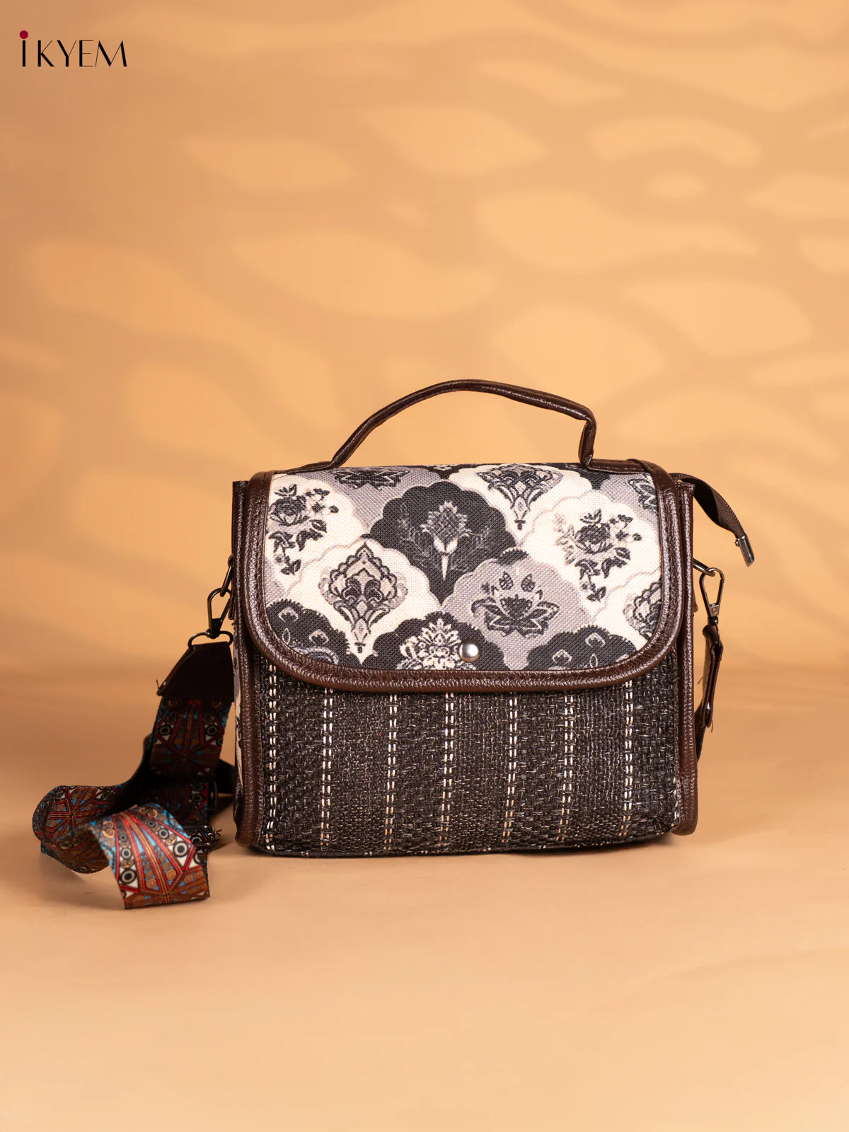 Quatrefoil Printed Flap Jacquard Sling Bag - Black - 8 Inch - KN05132