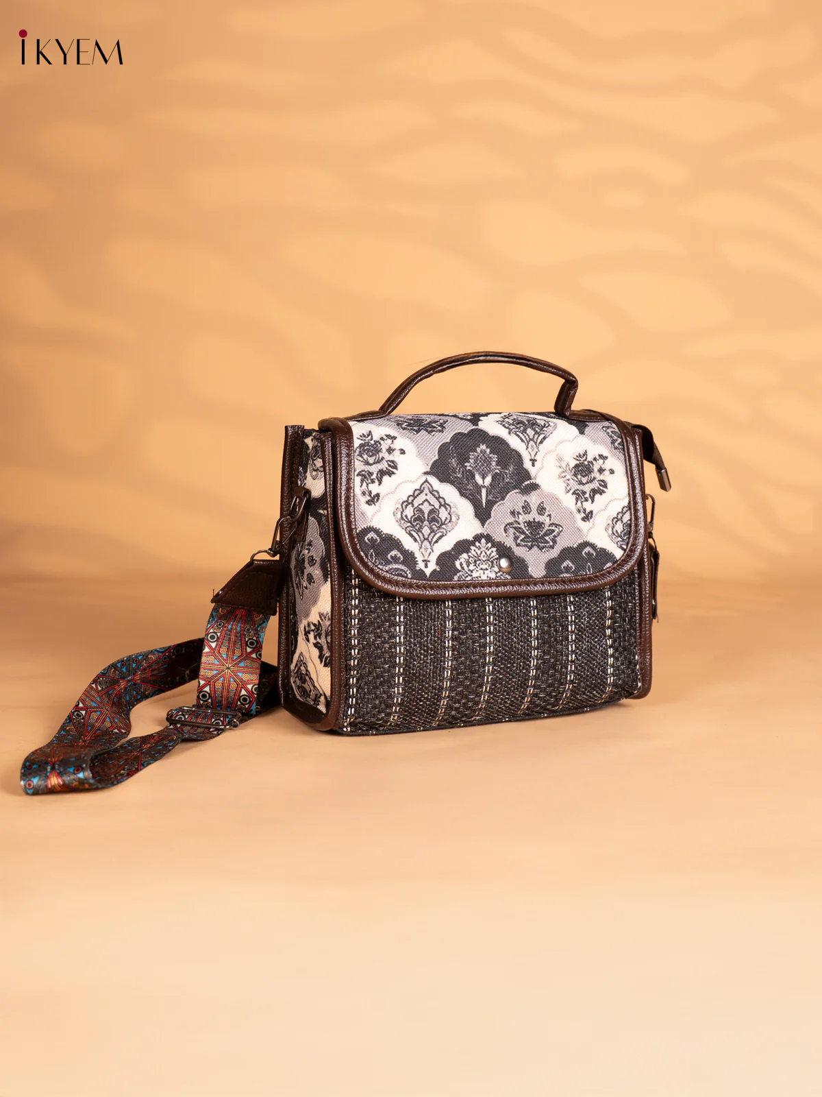 Quatrefoil Printed Flap Jacquard Sling Bag - Black - 8 Inch - KN05132 - Image 2