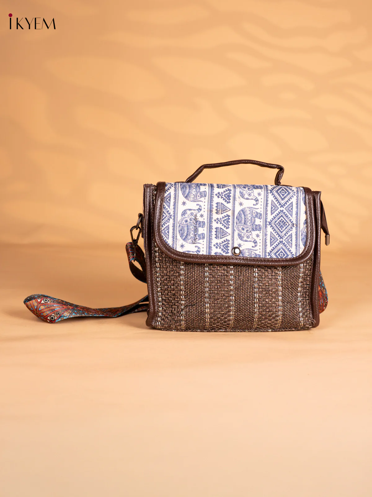 Tribal Elephant Printed Flap Jacquard Sling Bag - Brown - KN05133