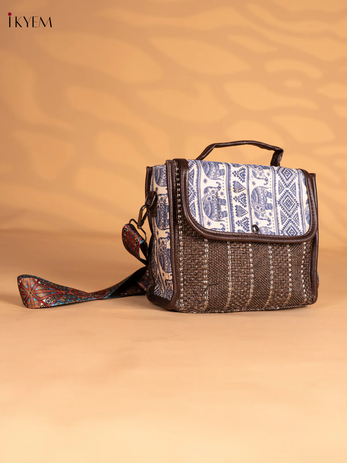 Tribal Elephant Printed Flap Jacquard Sling Bag - Brown - KN05133 - Image 2