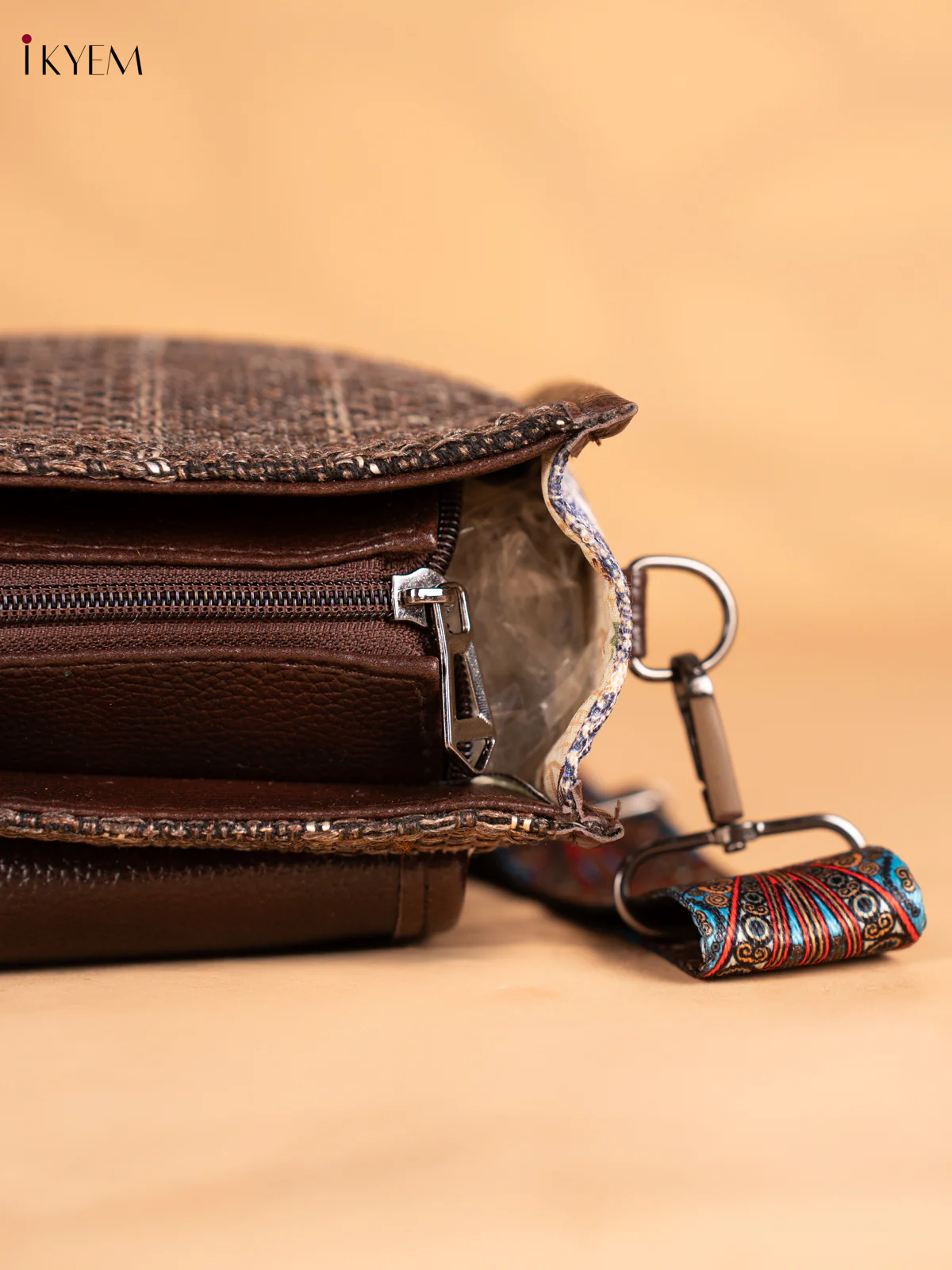 Tribal Elephant Printed Flap Jacquard Sling Bag - Brown - KN05133 - Image 3