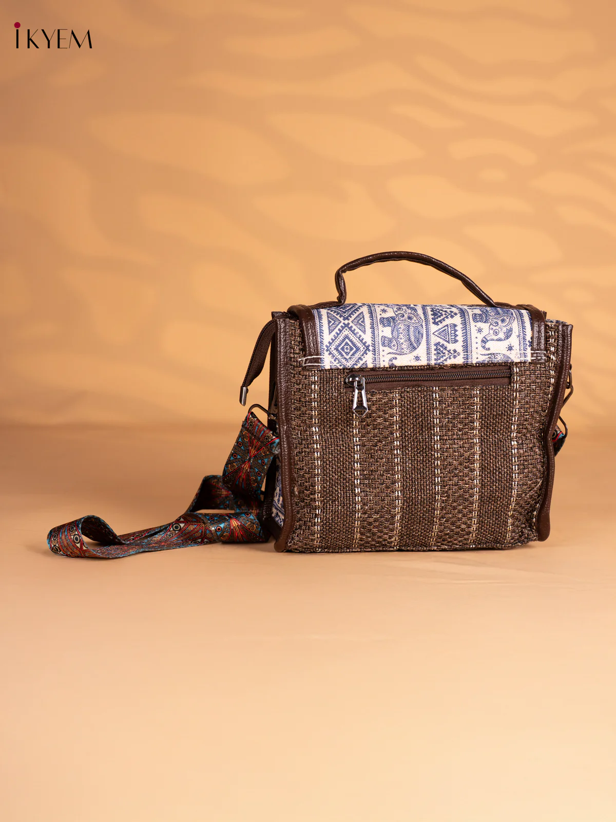 Tribal Elephant Printed Flap Jacquard Sling Bag - Brown - KN05133 - Image 4