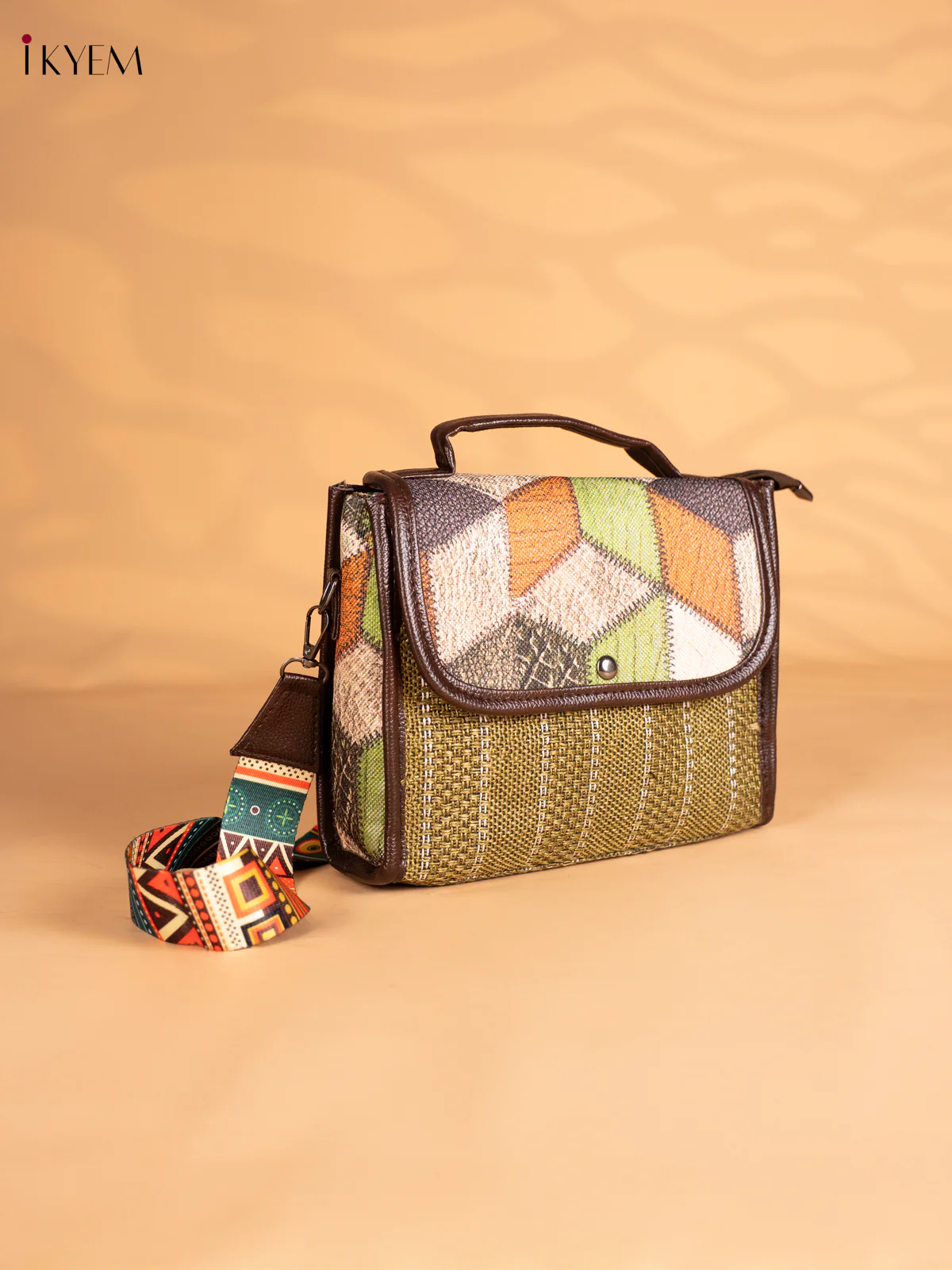 Geometric Diamond Printed Flap Jacquard Sling Bag - Green - KN05136 - Image 2