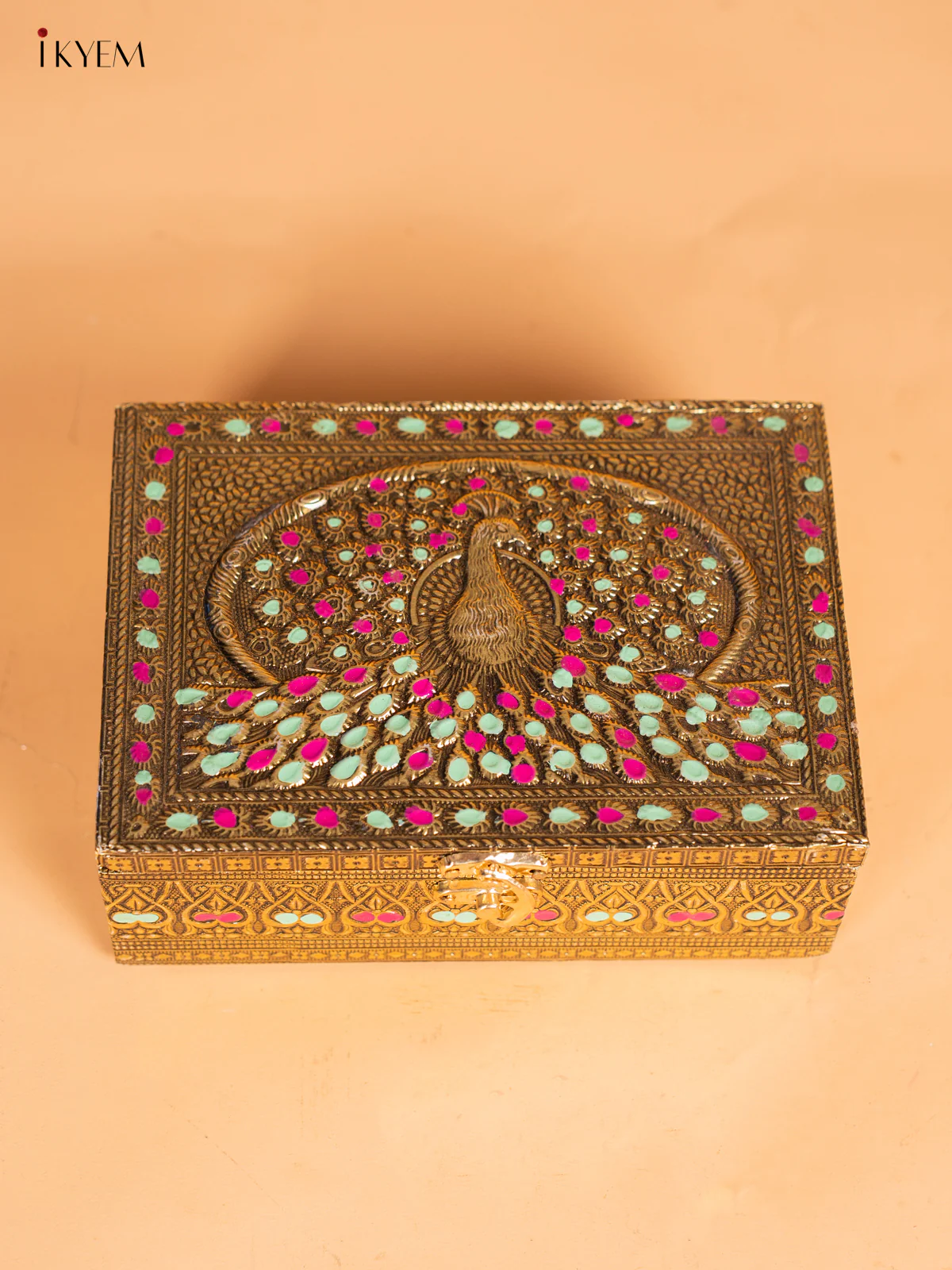 Oxidized Gold Trinket Box with Peacock - (7X5) Inch - KN06112