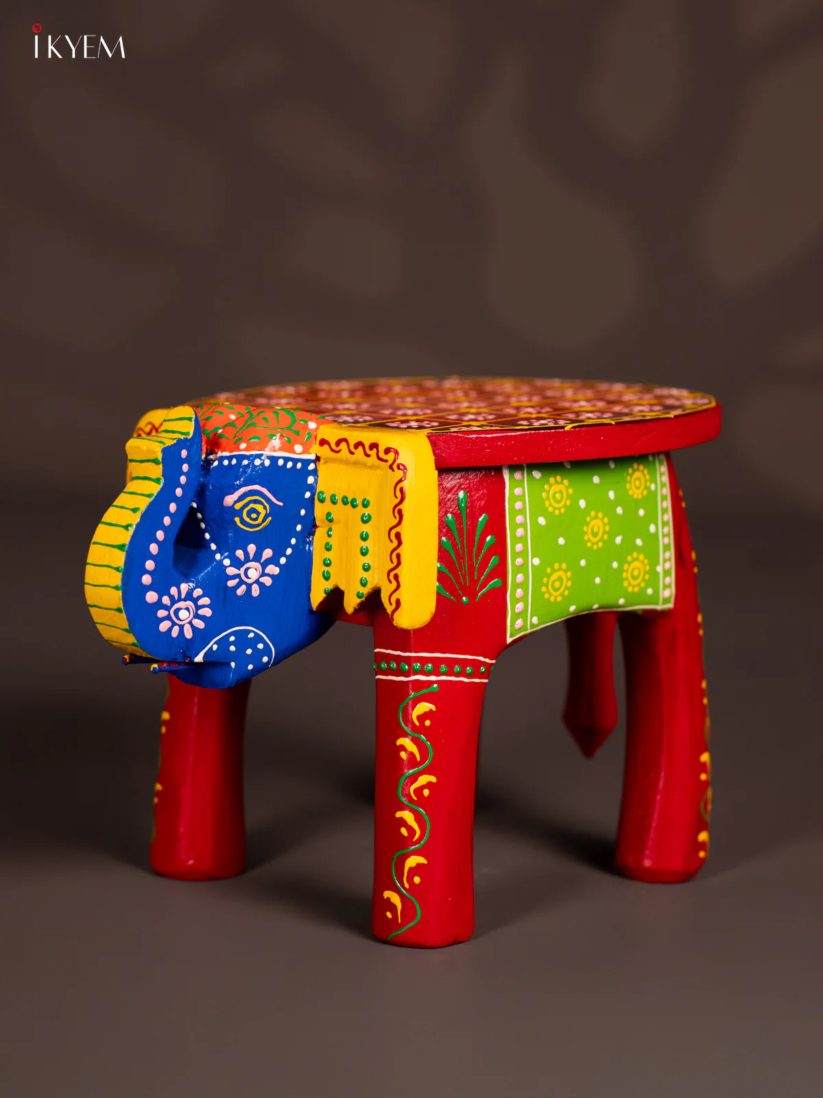 Hand-Painted Wooden Elephant Stool - Red - 6 Inches - KN06116