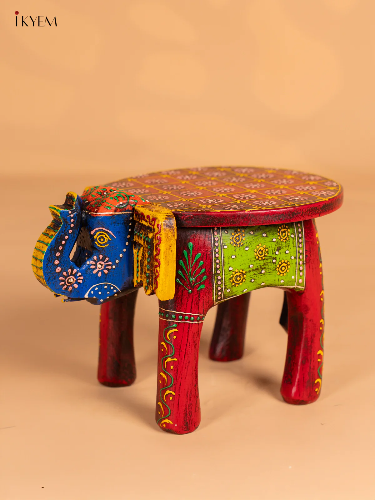 Hand-Painted Wooden Elephant Stool - Red - 6 Inch - KN06117
