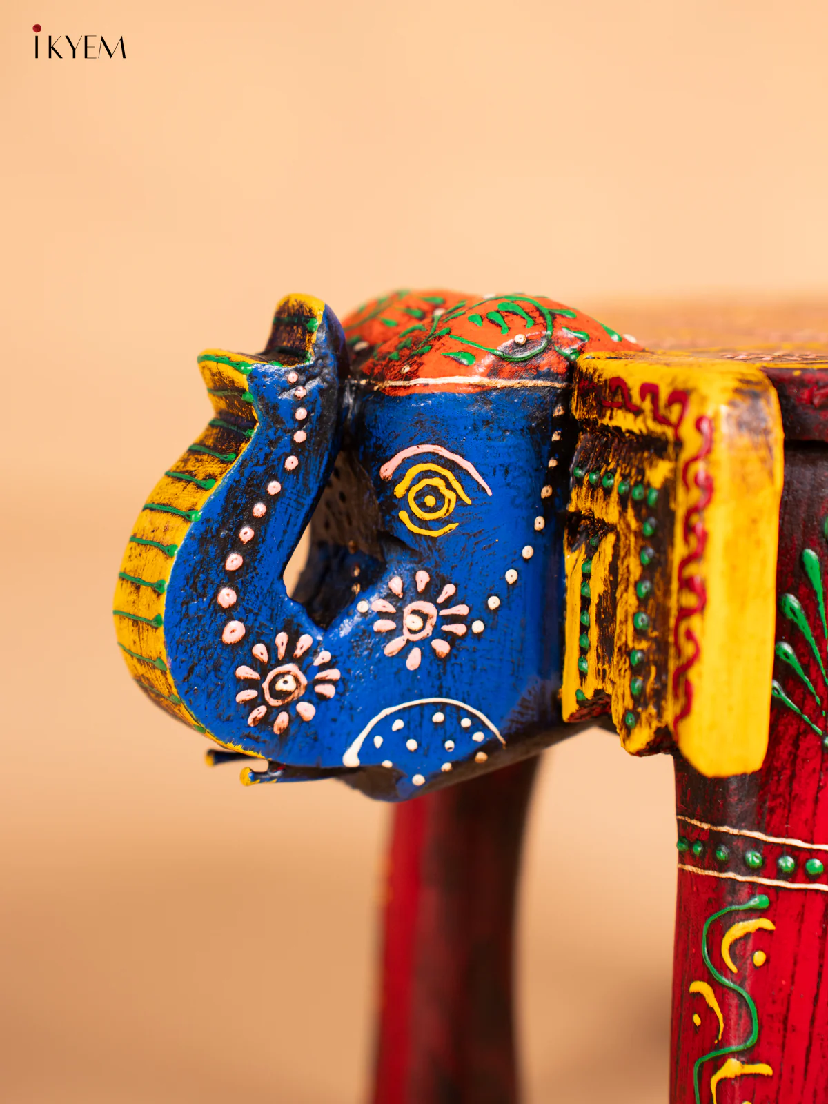 Hand-Painted Wooden Elephant Stool - Red - 6 Inch - KN06117 - Image 2